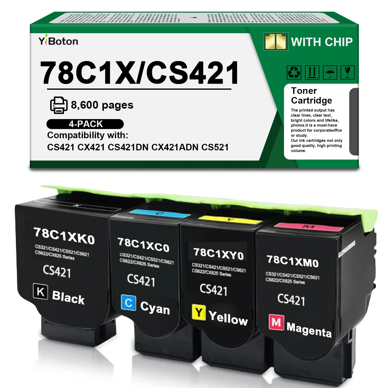 High Yield 78C10 Toner Cartridge 78C1XK0 78C1XC0 78C1XM0 78C1XY0 | Replacement for Lexmark CS421 CS421DN CX421ADN CS521 CS521DN CS522 CS522DE CS622 CX522 CX622 CX622ADE CX625 Printer