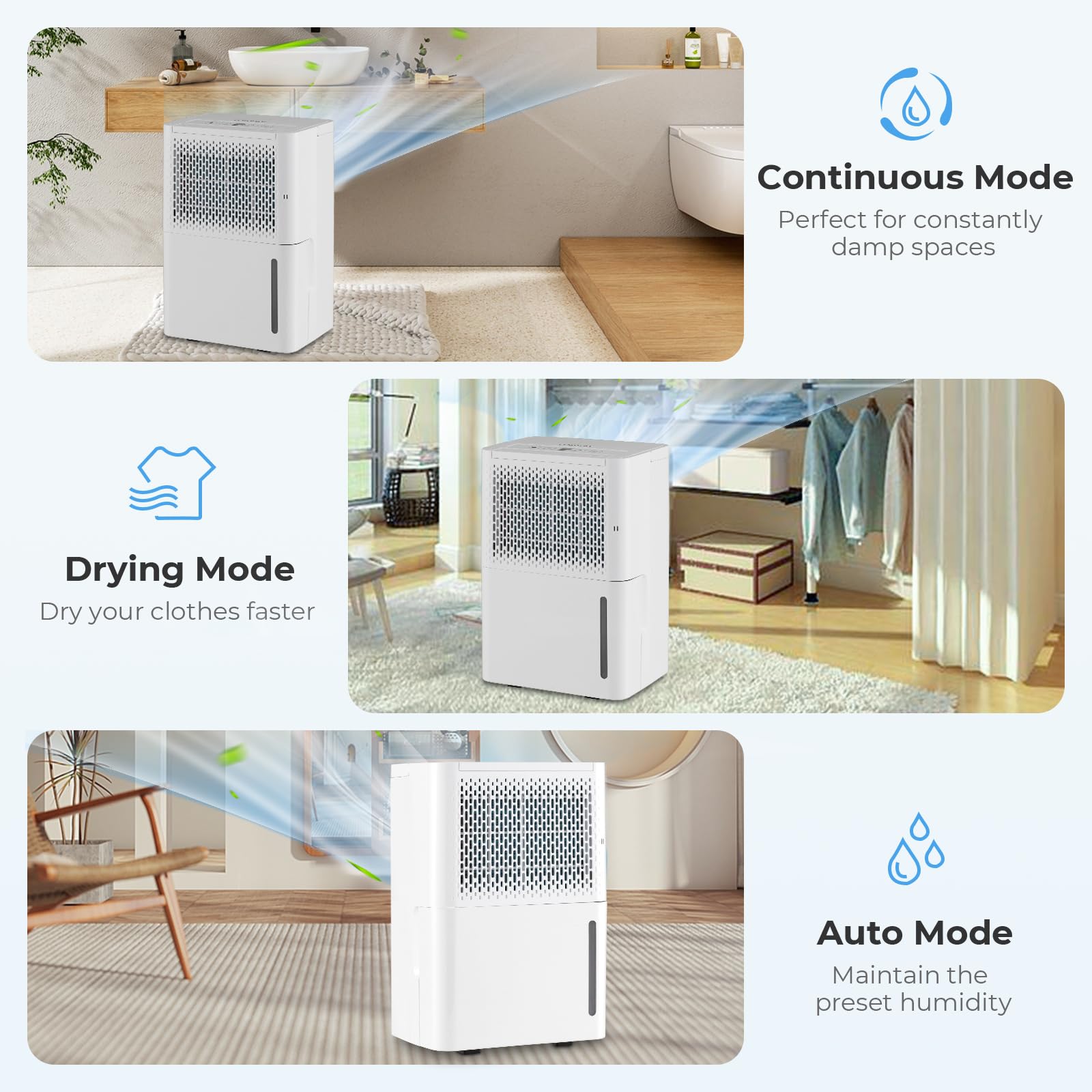 SOARS Deumidificatore 12L/24H, Deumidificatore Elettrico Mobile a 3 Modalità, con Timer 24 Ore, Spegnimento Automatico, Sbrinamento, Display LED, per Appartamenti, Cantine
