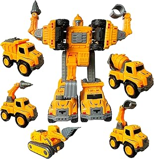 5-In-1 Transforming Robot Toys 5 Construction Trucks Transform into Huge Robot Alloy Deformation Combination Action Figures Robot Construction Vehicles Set for Kids Toddler Boys Girl Age 3-12+