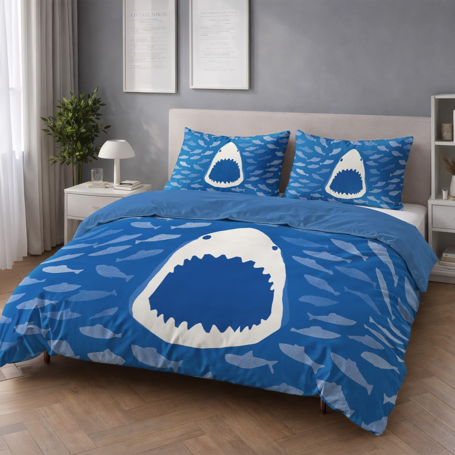 Funda Nordica Cama 90 Ropa de Cama Dibujos Animados Animales Tiburón de Compañía 2 pezzi Suave Reversible Microfibra por Funda Nórdica 135 x 200 cm + Fundas de Almohada 50x75 Azul
