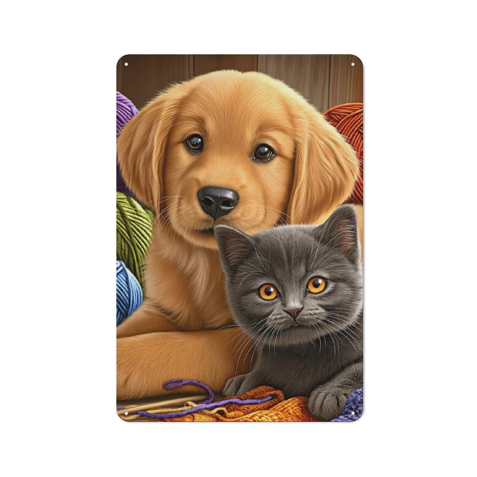Junmoney Cute Puppy And Kitten Together Modern Retro Metal Wall Art Sign 30X20cm, Studio Wall Art For Modern Home, Workshop, Office Or Cafe