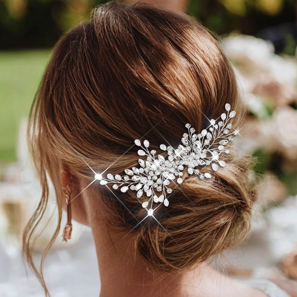 Catery Rhinestones Bridal Hair Comb - Silver Side Wedding Hair Accessory with Beads for Brides, Women, and Girls (A silver) - Image 3