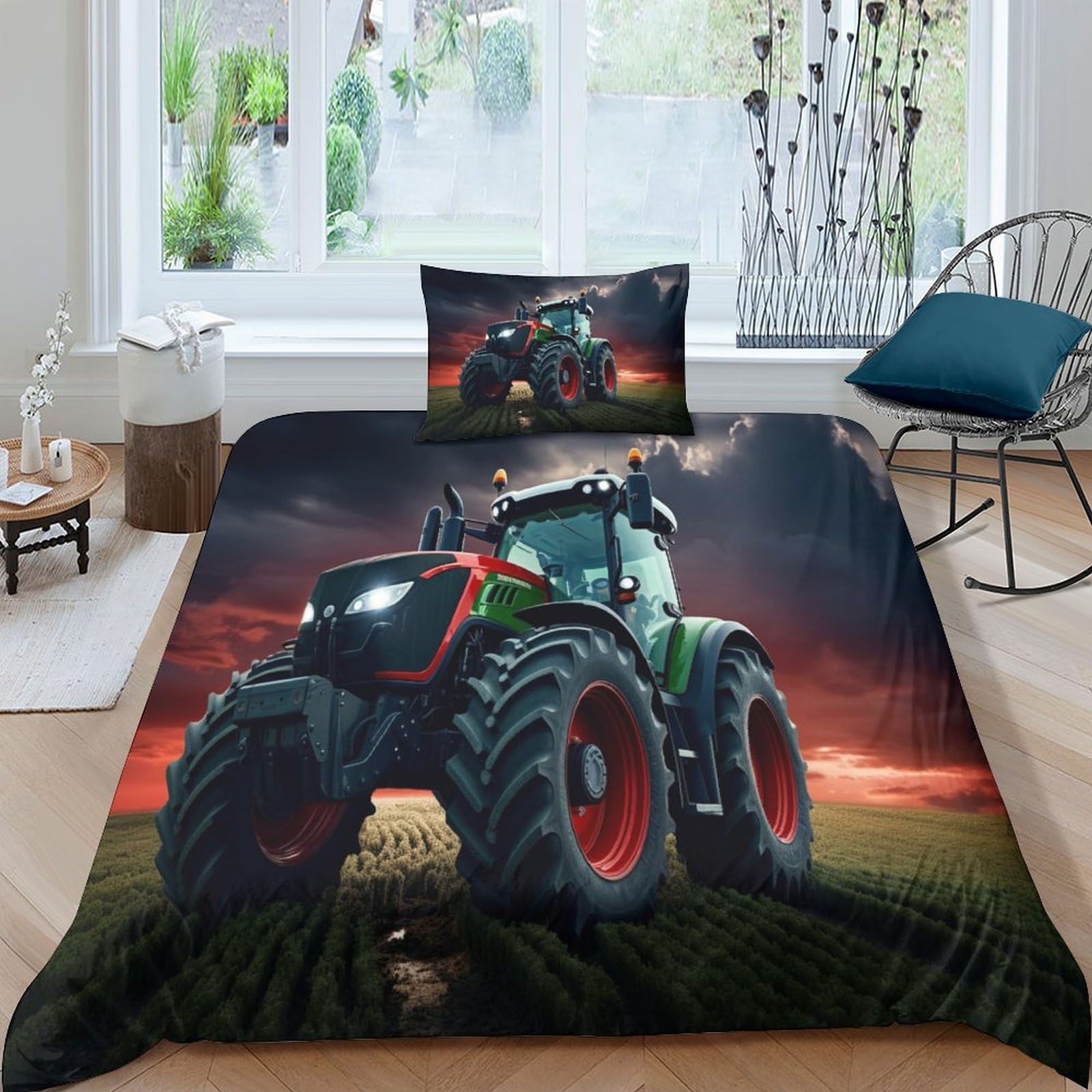 HONGBING Tractor Comforter Covers for Boys Girls 3D Print Quilt Cover Duvet Cover Bedding Set with Zipper Closure Soft Microfiber with Pillow Cases 3 Pieces Single（135x200cm）