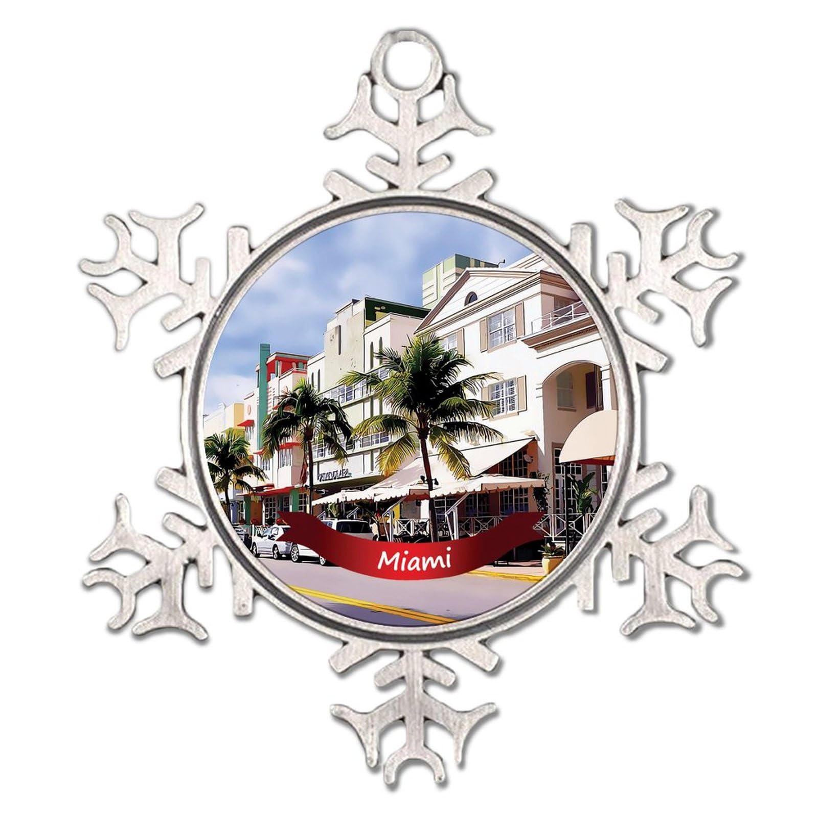 Miami City Landscape Snowflake Christmas Tree Hanging Ornaments United States Flag Education Personalized Keepsake USA July 4th Patriotic Collectible Gift for Festive Holidays Home Decor