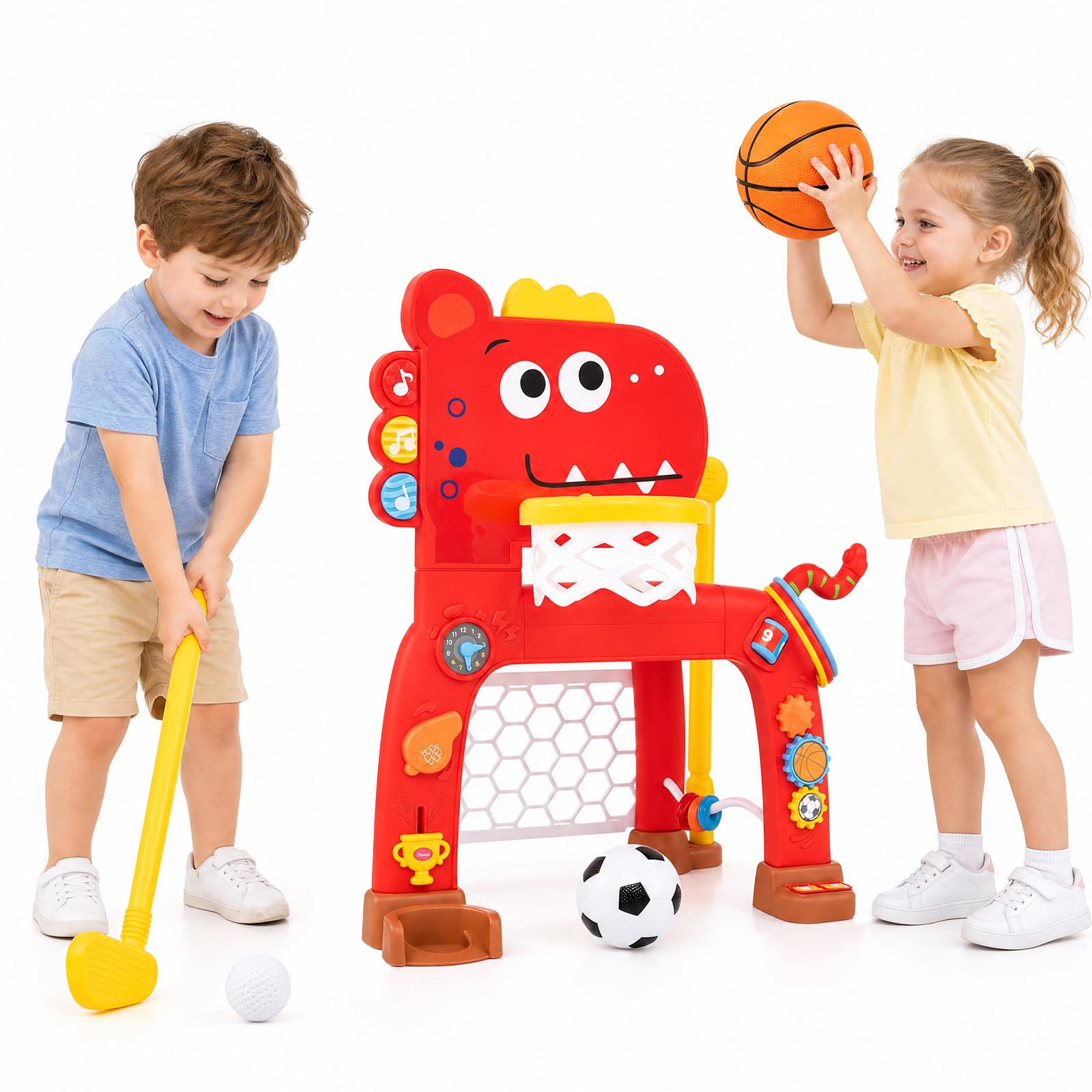 HOMASIS 4 en 1 Panier de Basket Enfant avec Football Golf Jeu Anneaux,Rouge