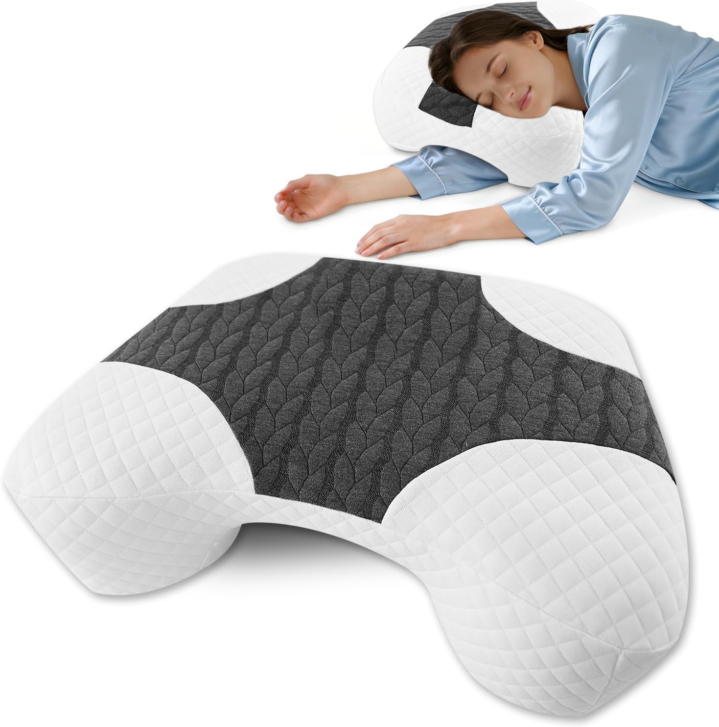 Side Sleeper Pillow with Arm Hole - Memory Foam Pillow for Neck & Shoulder Pain Relief, 3-in-1 Design for Back/Stomach Sleepers, Grey