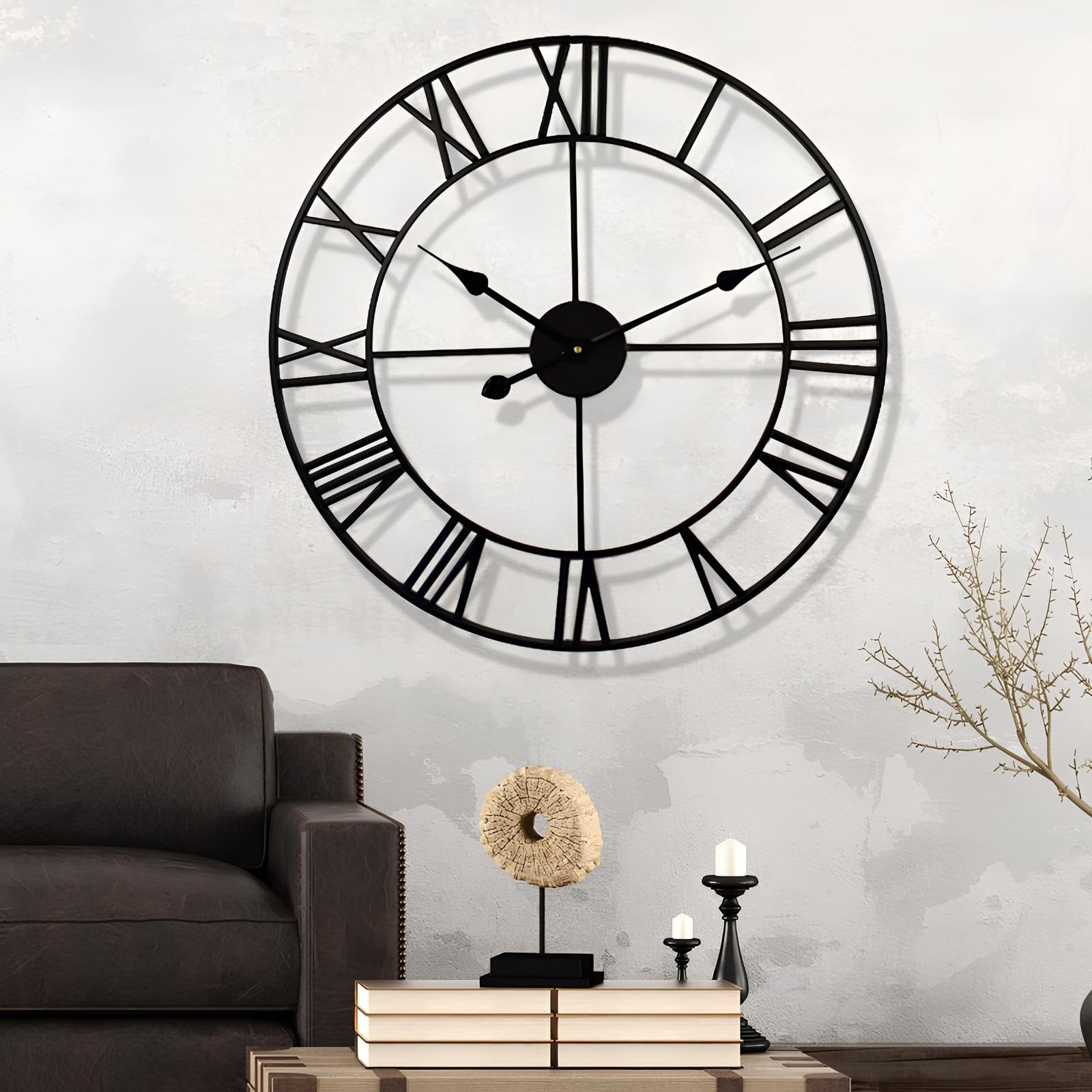 Grande orologio da parete in metallo 80 cm, nero, design moderno silenzioso, stile europeo minimalista per casa o ufficio