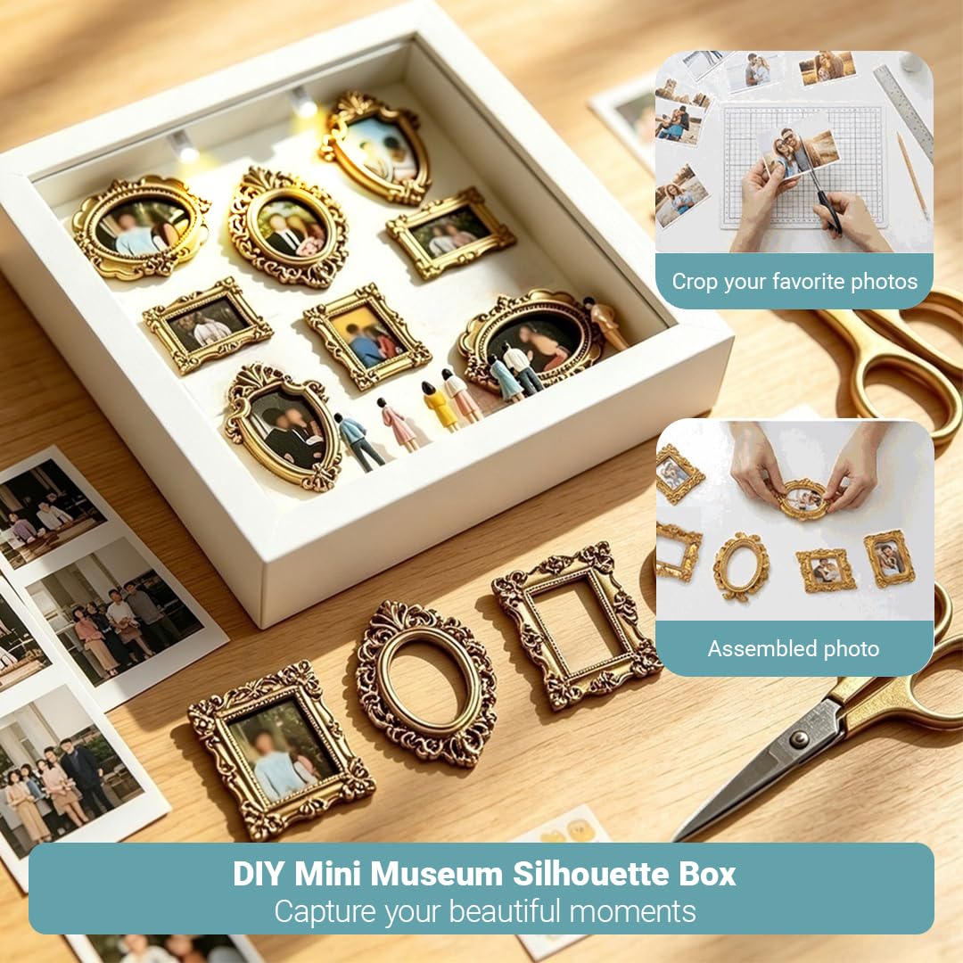Diy Mini Museum Silhouette Box, RosyFate Shadow Box Frame con Mini Cornice e Figurine in Miniatura, Mini Museo Foto Idea Fai da Te Decorazioni Casa per Anniversario, Compleanno (Bianco)