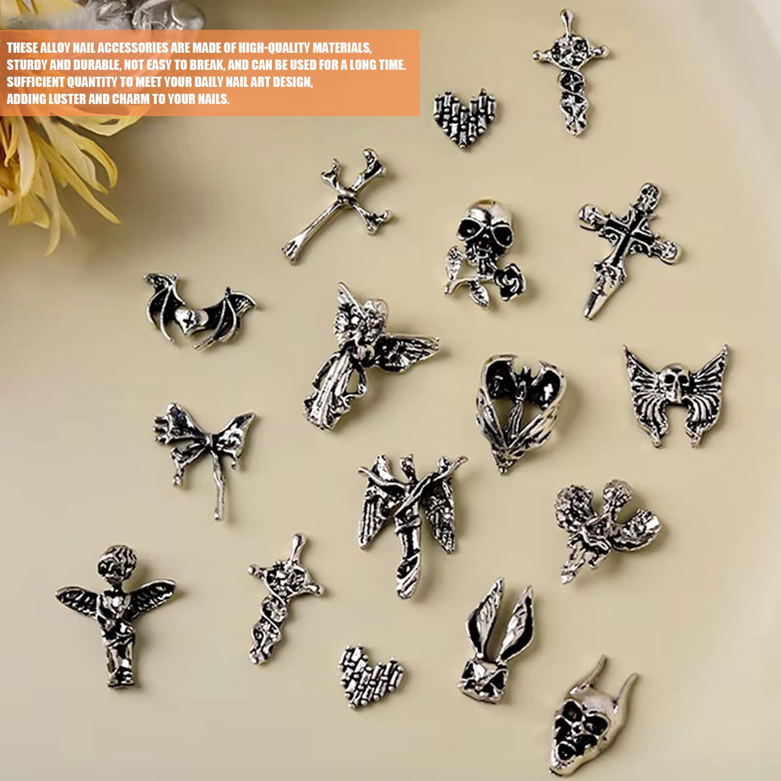 Cross Nail Charms,120Pcs Heart Bow Skull Bat Antique Silver Metal Punk Nail Decorations,Retro Gothic Rivet Accessories Nail Ornaments for Manicure Design DIY Crafts - Image 3