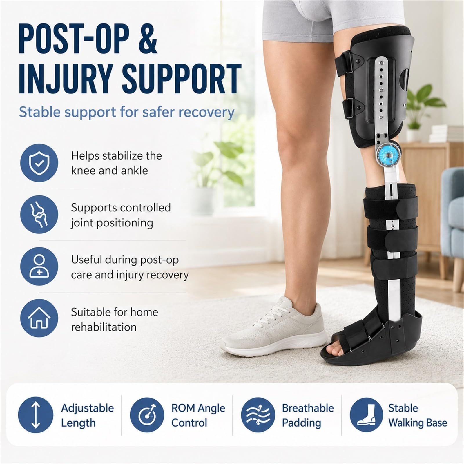 Rodillera Articulada Ajustable Ortesis de Pierna Completa Inmovilizador de Rodilla Transpirable para Recuperación Postoperatoria Fracturas y Ligamentos Cruzados(Izquierda,L)