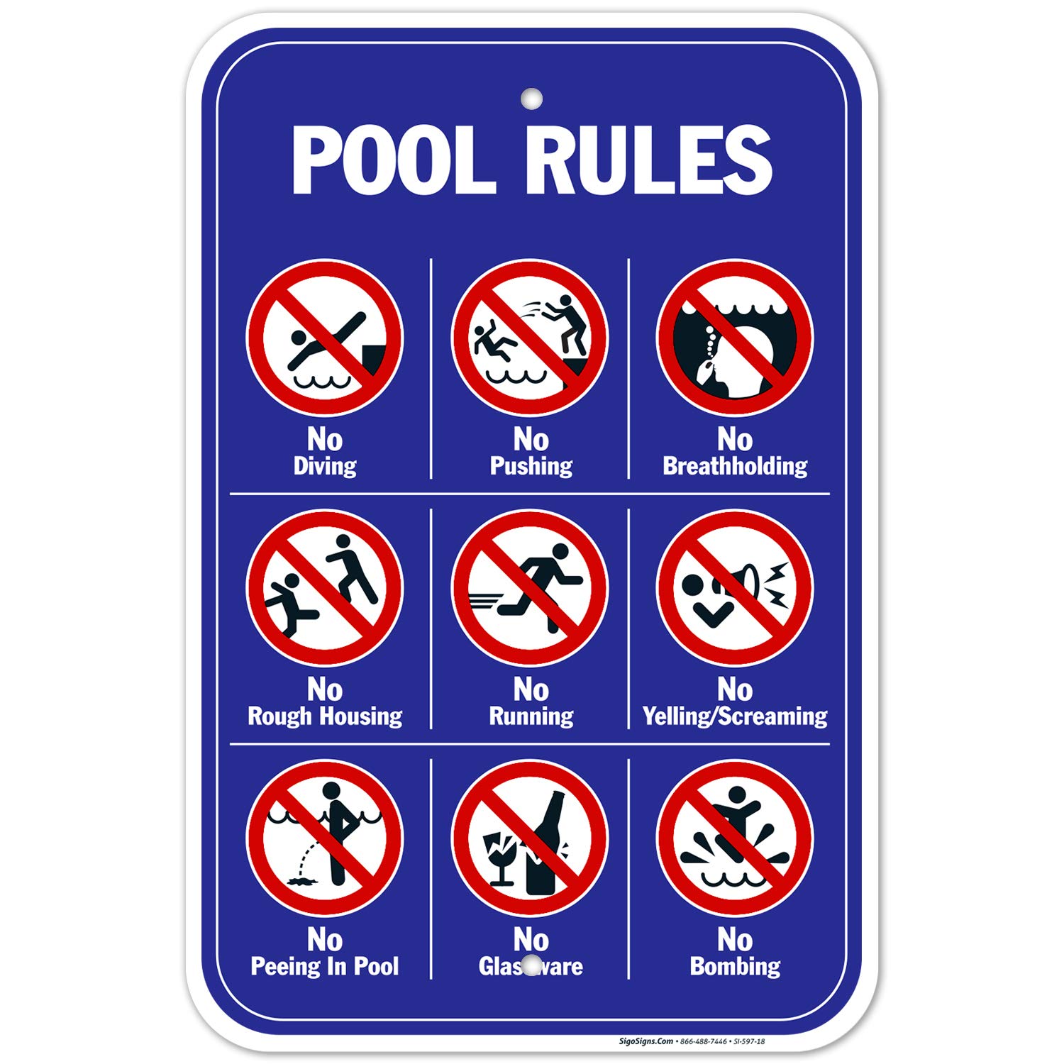 Pool Rules Sign, No Diving No Pushing No Running No Peeing in Pool 12x18 Inches, Rust Free 0.63 Aluminum, Fade Resistant, Easy Mounting, Indoor/Outdoor Use, Made in USA by SIGO SIGNS-image-11