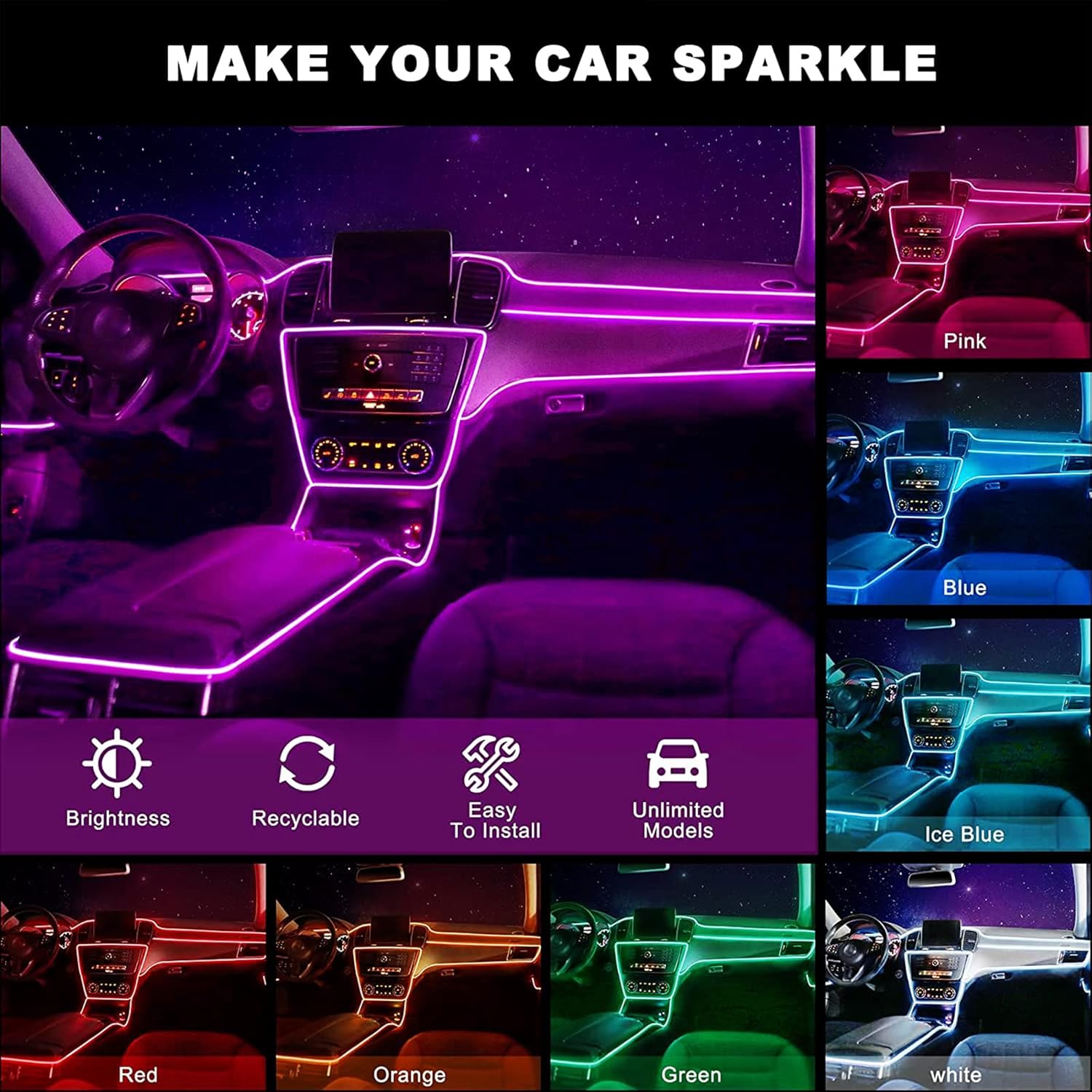 Interior Car Strip Lights, Goodream USB Music Sync Multicolor Multiple Modes LED Fiber Optic Light Ambient Neon Wire Lighting Kits for Sedan Truck SUV Accessories Center Console Dashboard : Automotive