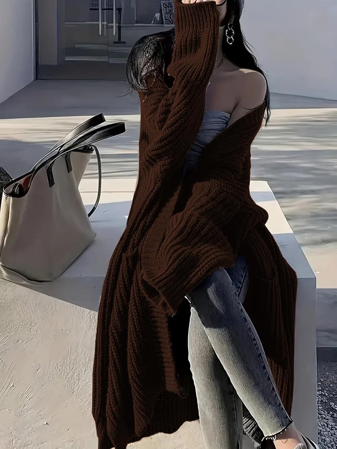 Womens Long Cardigan Sweaters Open Front Oversized Duster with Pocket for Women 2025 Fall Winter Knit Design Coats - Image 2