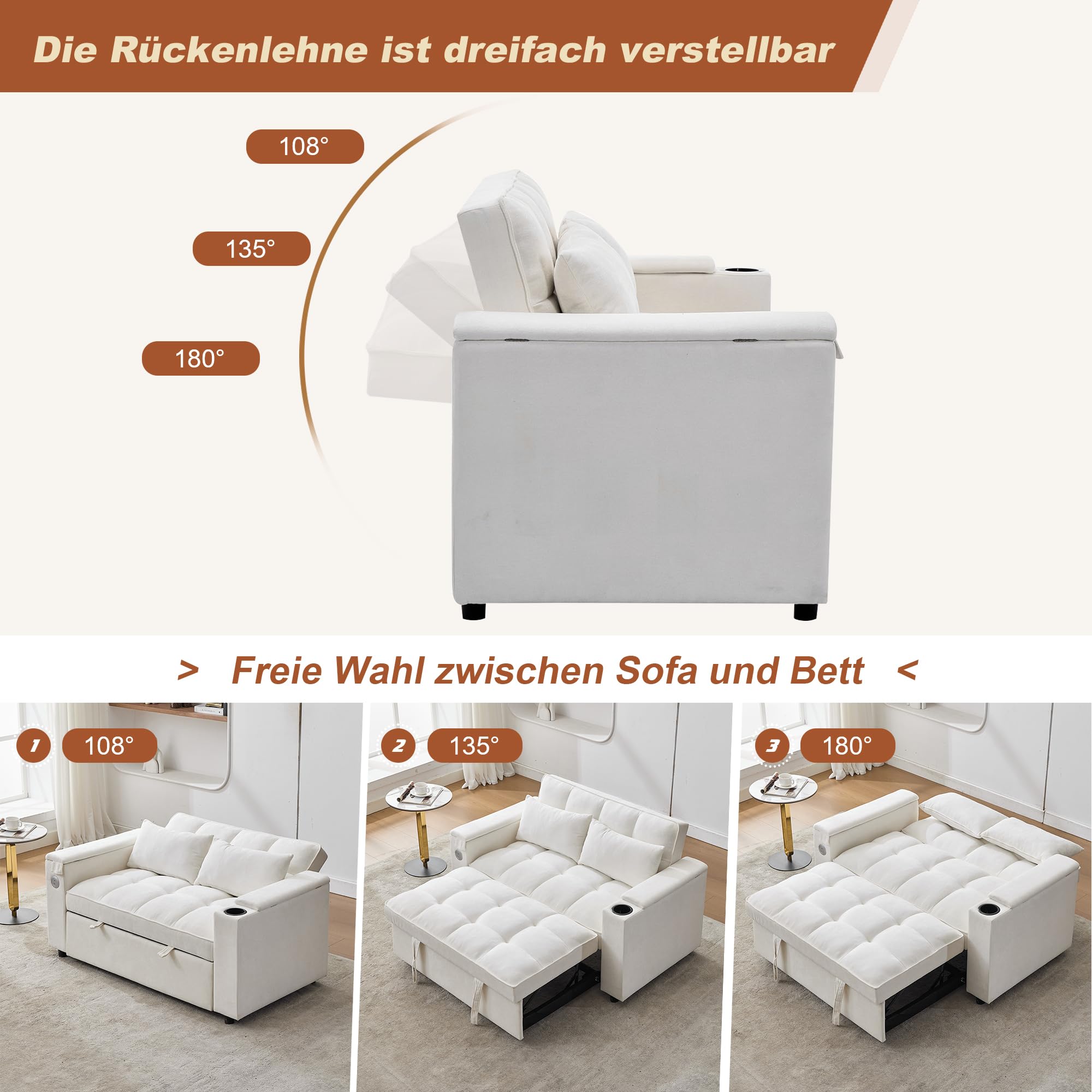 Canapé-lit 3 en 1 extensible avec dossier réglable, port USB, 2 places, table cachée, porte-gobelet, pour petits espaces, salon, appartement, lit de jour beige