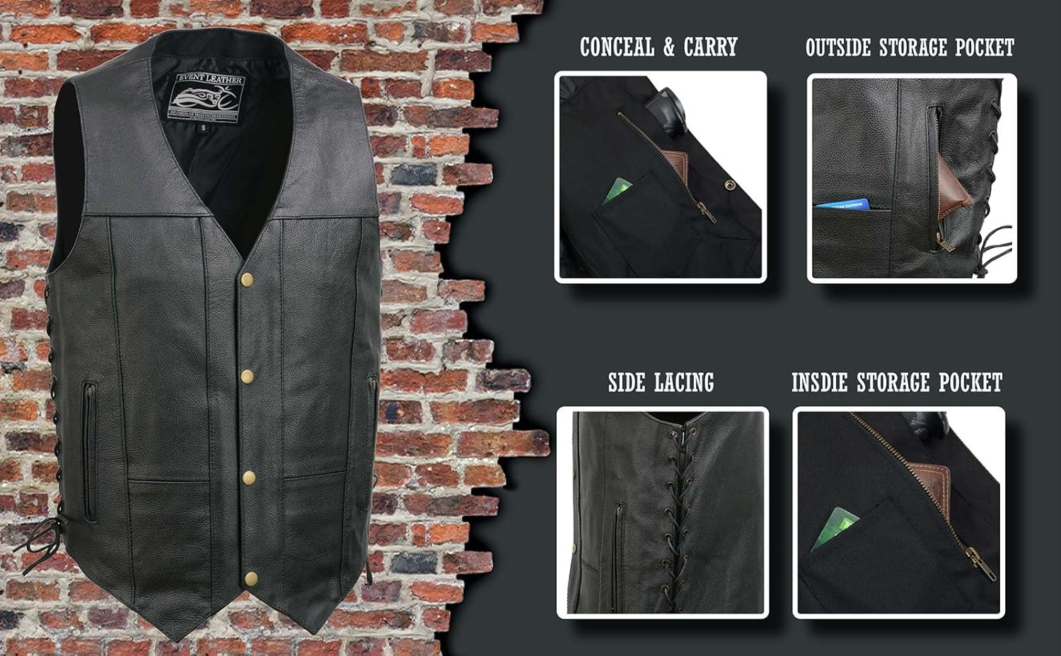 EVENT LEATHER EL1310GO Men's Classic Western Style Snap Button Black Motorcycle Riders Leather Vest - Image 2