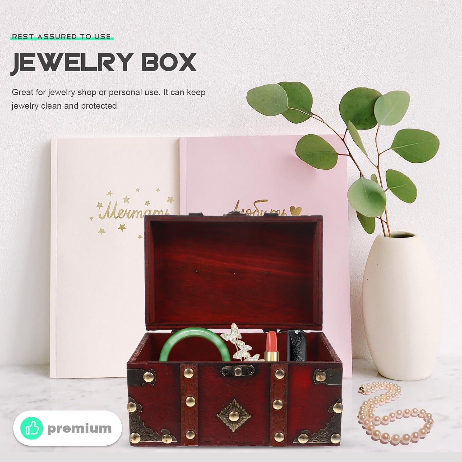 Tofficu Wood Jewelry Box with Lock Small Red Vintage Jewelry Organizer Necklace and Earring Holder Storage Case for Women Bedroom Decor image 5