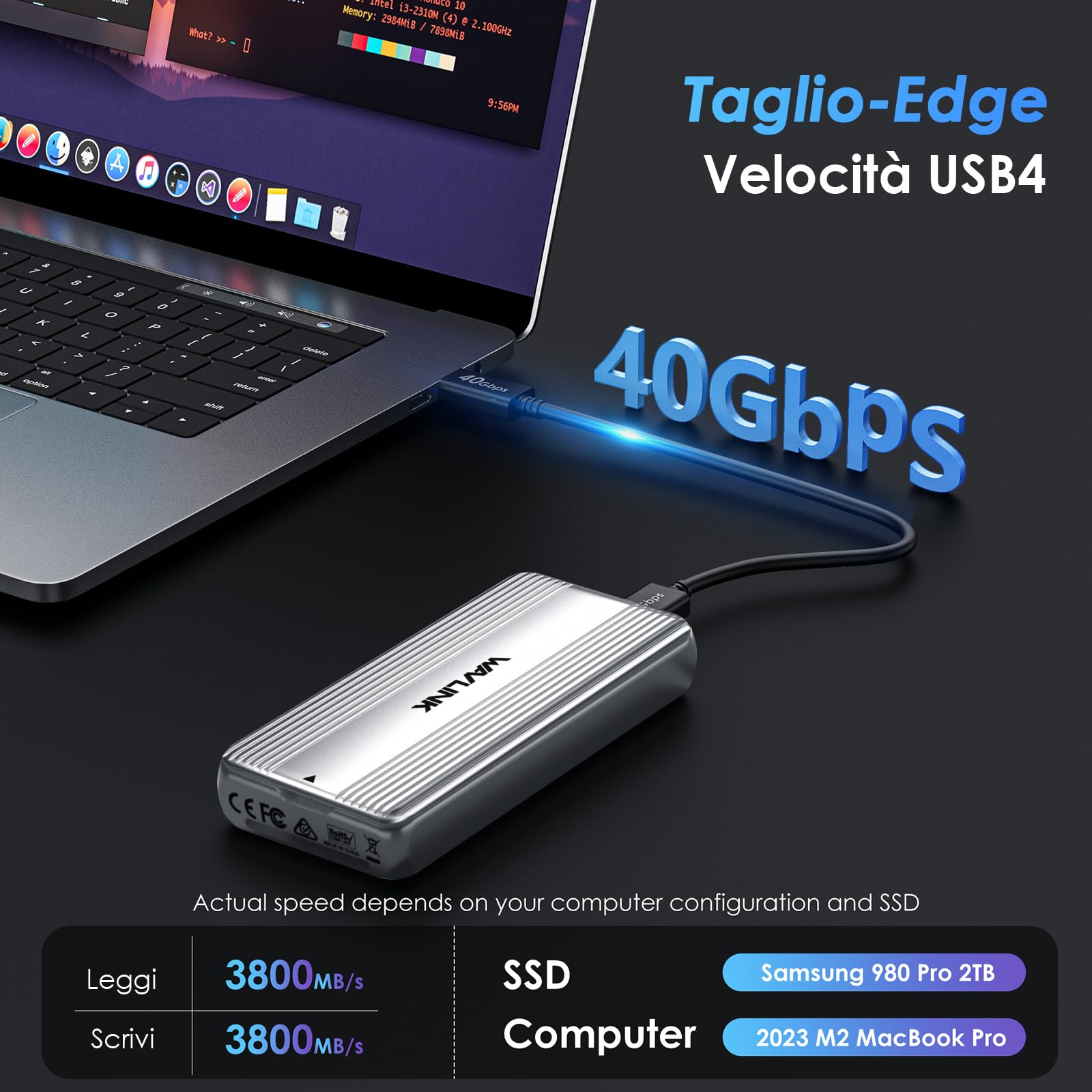 WAVLINK Case SSD M.2 NVMe 40Gbps con Ventola di Raffreddamento, Enclosure NVMe USB4 compatibile con Thunderbolt 4 fino a 3848 MB/s, supporta SSD di dimensioni 2230/2242/2260/2280 B+M/M-Key