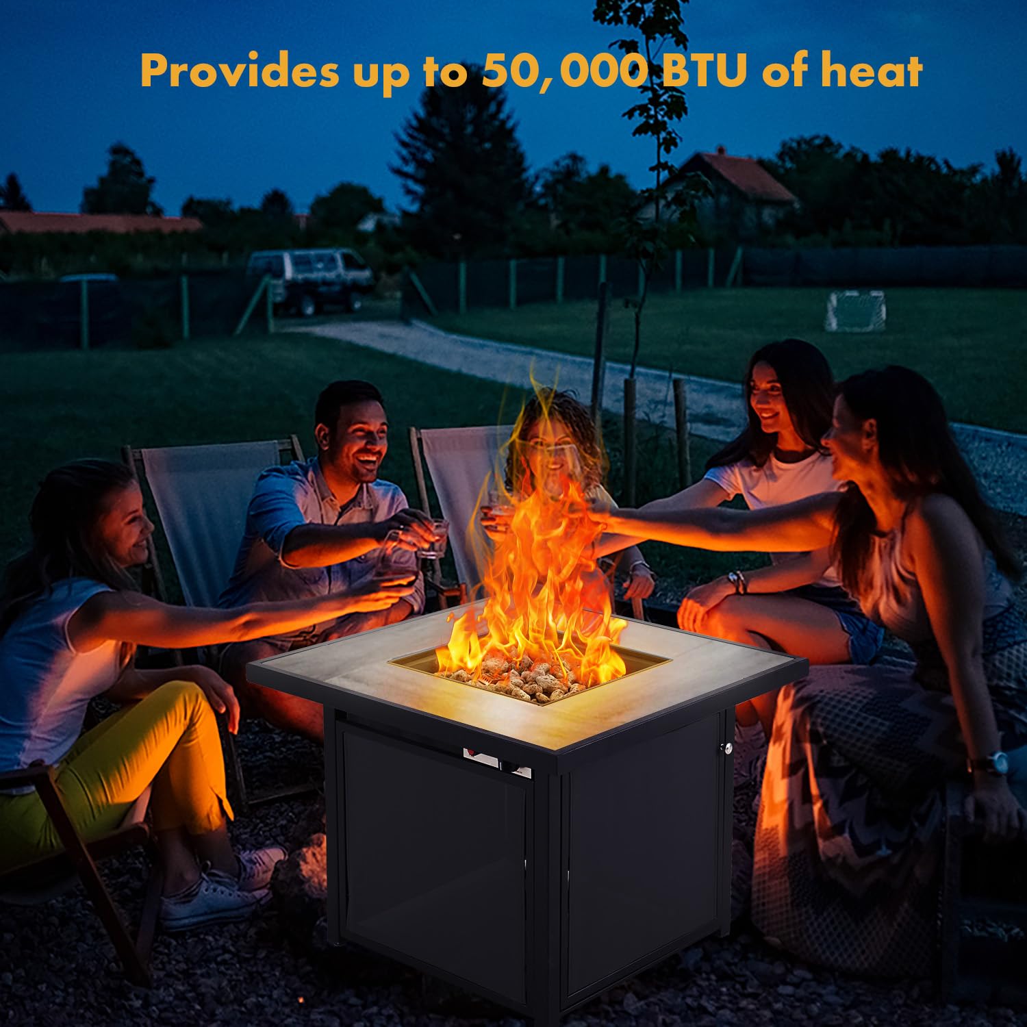 Mesa cuadrada para fogata de propano, 32 pulgadas, para exteriores, 50,000 BTU con mesa de azulejos de cerámica, tapa extraíble, rocas de lava para patio exterior, jardín, terraza, patio 2