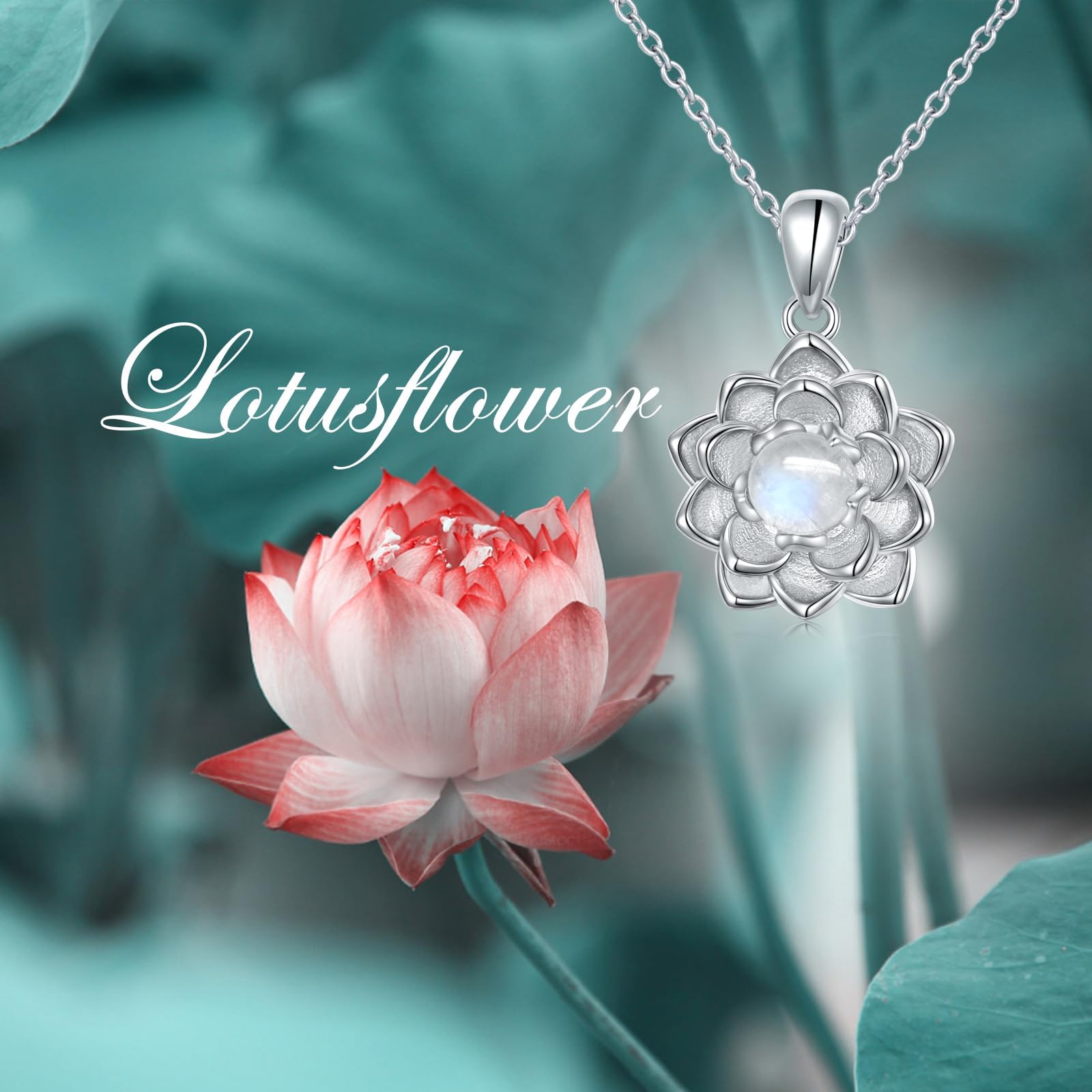 Flyow Mondstein Lotus Schmuck Set 925 Sterling Silber Mondstein Lotusblume Halskette und Ohrstecker Natürliche Heilung Buddha Spirituelle Yoga Lotusblüte Schmuck Geschenke für Frauen Mädchen