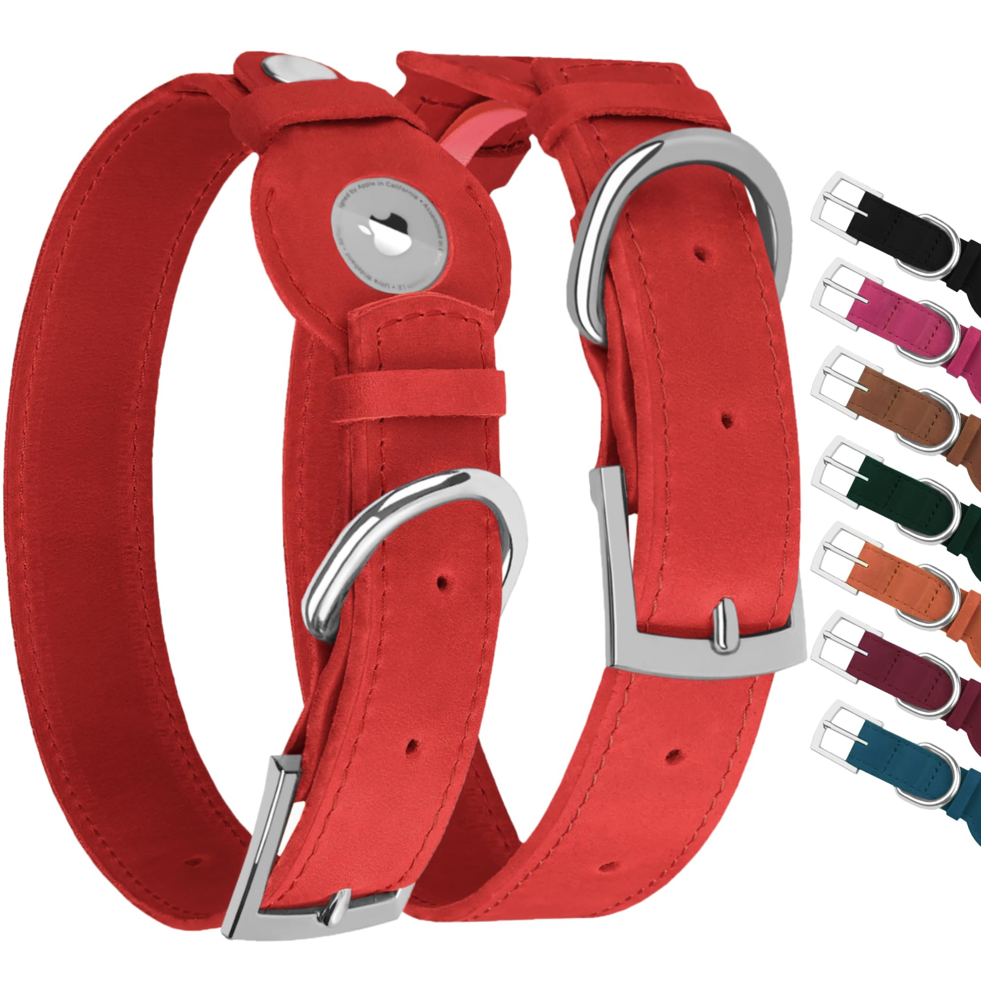 Collier pour chien en cuir avec support Airtag – Collier pour chien Apple Air Tag – Collier GPS de suivi souple pour chiens de petite, moyenne et grande taille (rouge, XL, tour de cou de 48,3 à 61 cm)