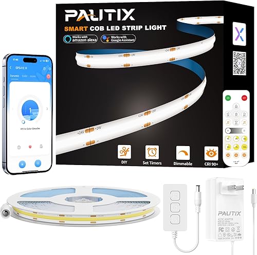 Miniatura 11 de PAUTIX Tira de luz LED COB inteligente de 32.8 pies, tira LED blanca cálida de 2700 K, compatible con Alexa/Google Assistant, kit de tira de luz LED