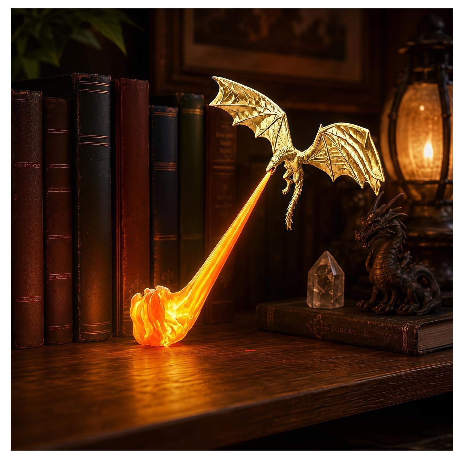 LED Dragon Book Nook Bookshelf Lantern Vintage Flame Shelf Light E-Large