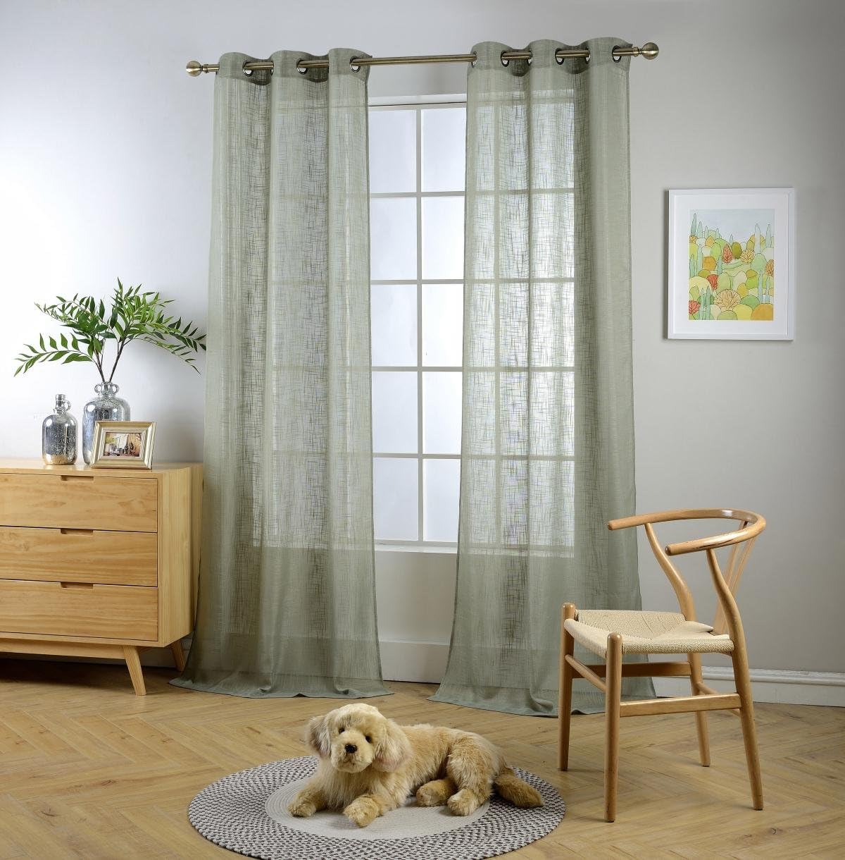 MIUCO Semi Sheer Curtains Poly Linen Textured Solid Grommet Curtains 84 Inches Long for Living Room 2 Panels (2 x 37 Wide x 84" Long) Sage