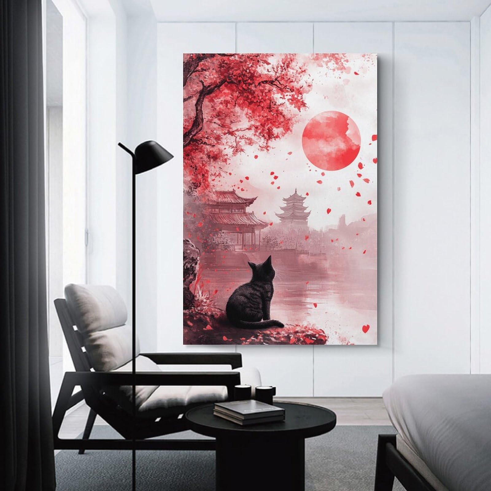Junmoney Unframe-Style-17 Japanese Cherry Blossom Cat Room Decor Wall Art 20X30inch(50X75cm), For Lounge Decor, Offices Or Entryway Styling, A Flexible Wall Accent For Shared Spaces