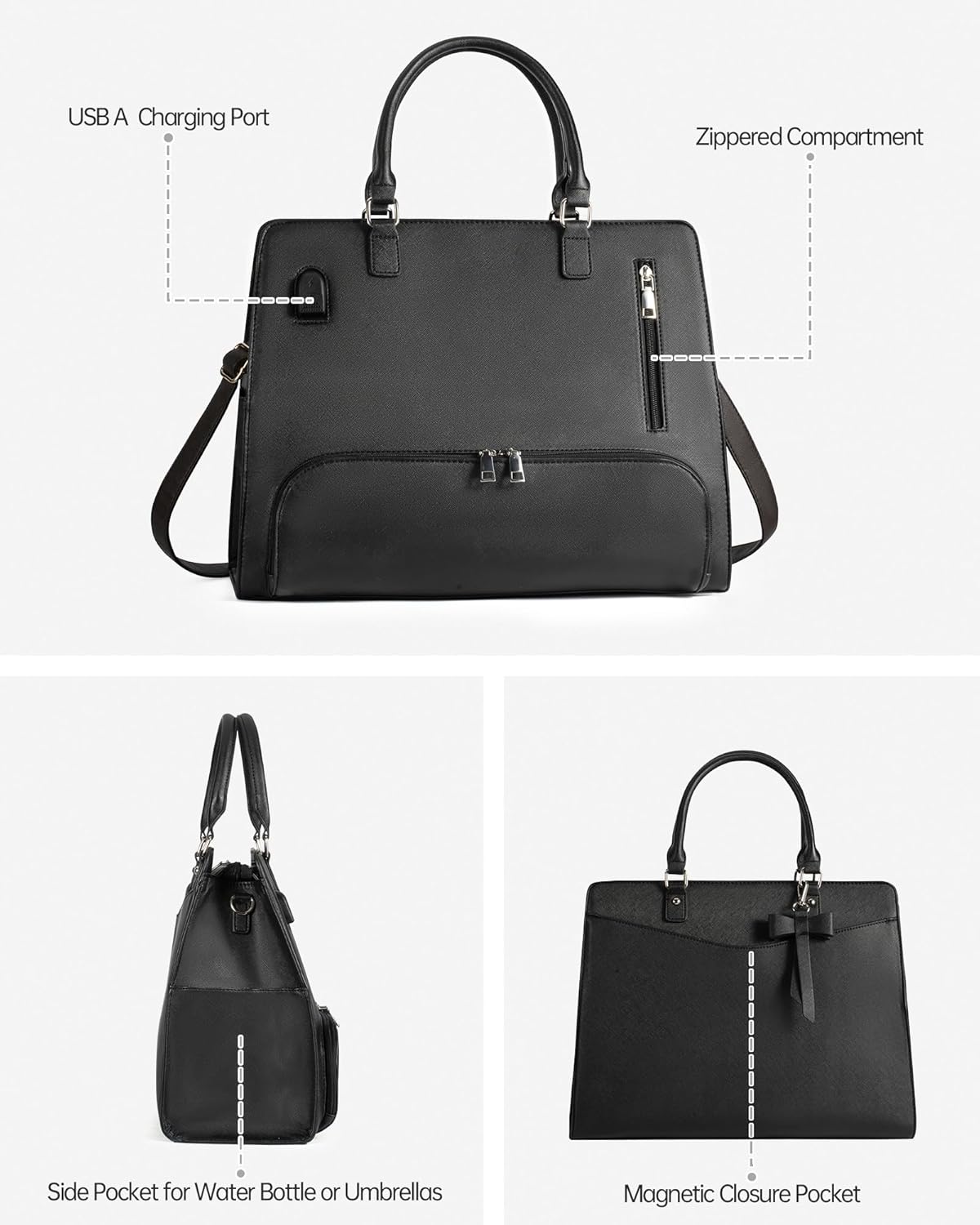 Lunch Tote Bag for Women 2 in 1 Laptop Work Bag with Lunch Insulated Compartment and Purse Combo Waterproof PU Leather 15.6 Inch Computer Crossbody and Shoulder Bag for Daily, Office, Picnic Black - Image 6