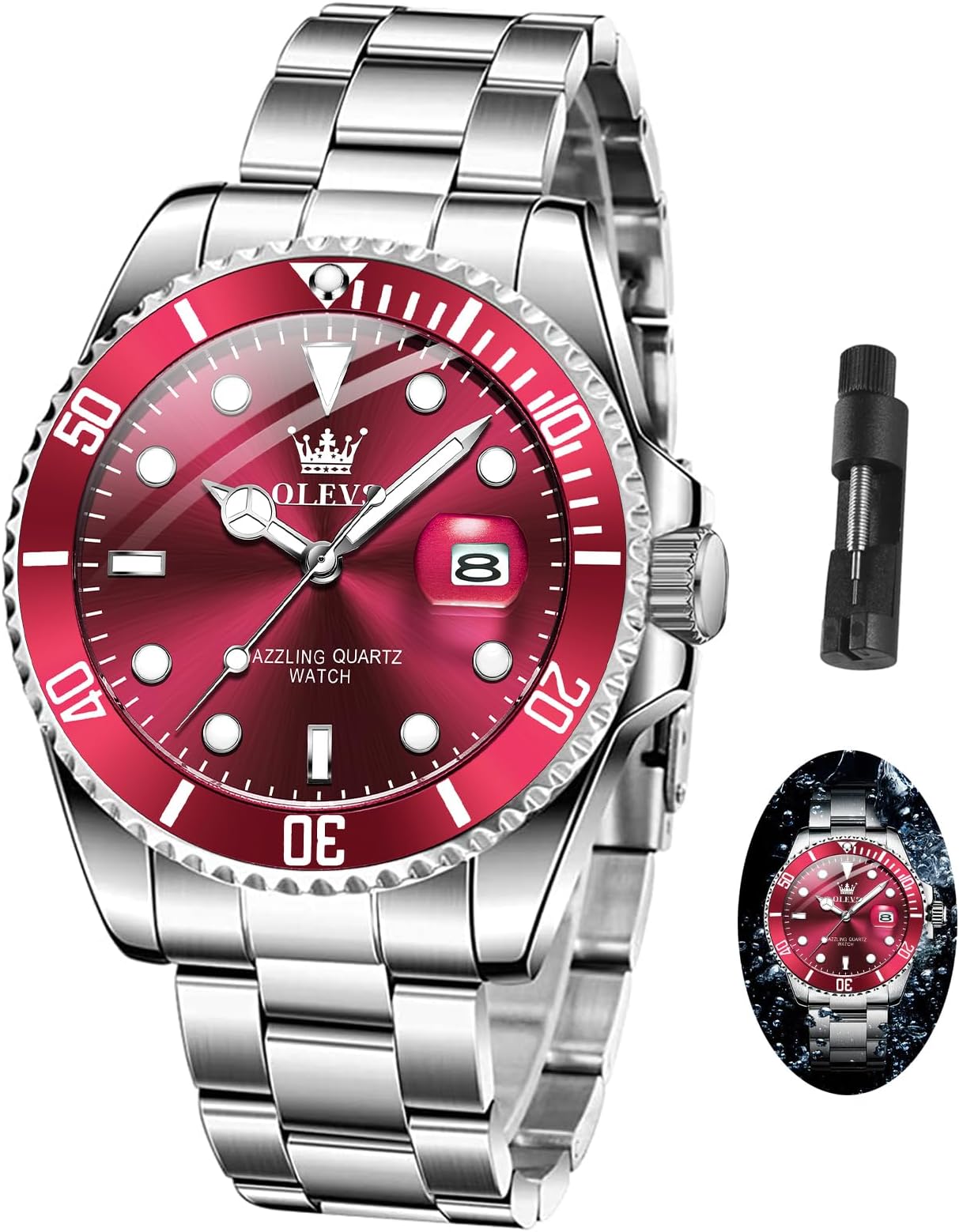 Men Watch,Big Dial Watches for Men Stainless Steel Watch with Day Waterproof Analog Quartz Watches for Man Classic Business Wristwatch Luxury Luminous Round for Men Rotatable Bezel Watch