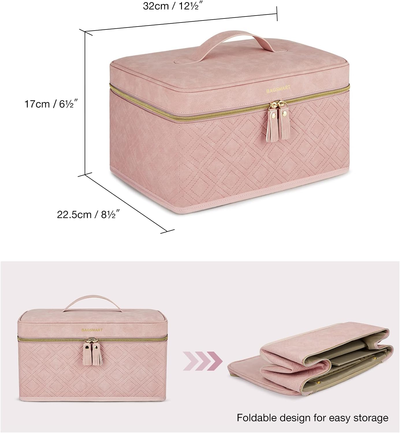 Travel Makeup Bag,BAGSMART Double-Layer Makeup Case Leather Makeup Organizer Bag Train Case Cosmetic Bag for Makeup Brushes Palettes Sponge Toiletries,Large,Pink : Beauty & Personal Care