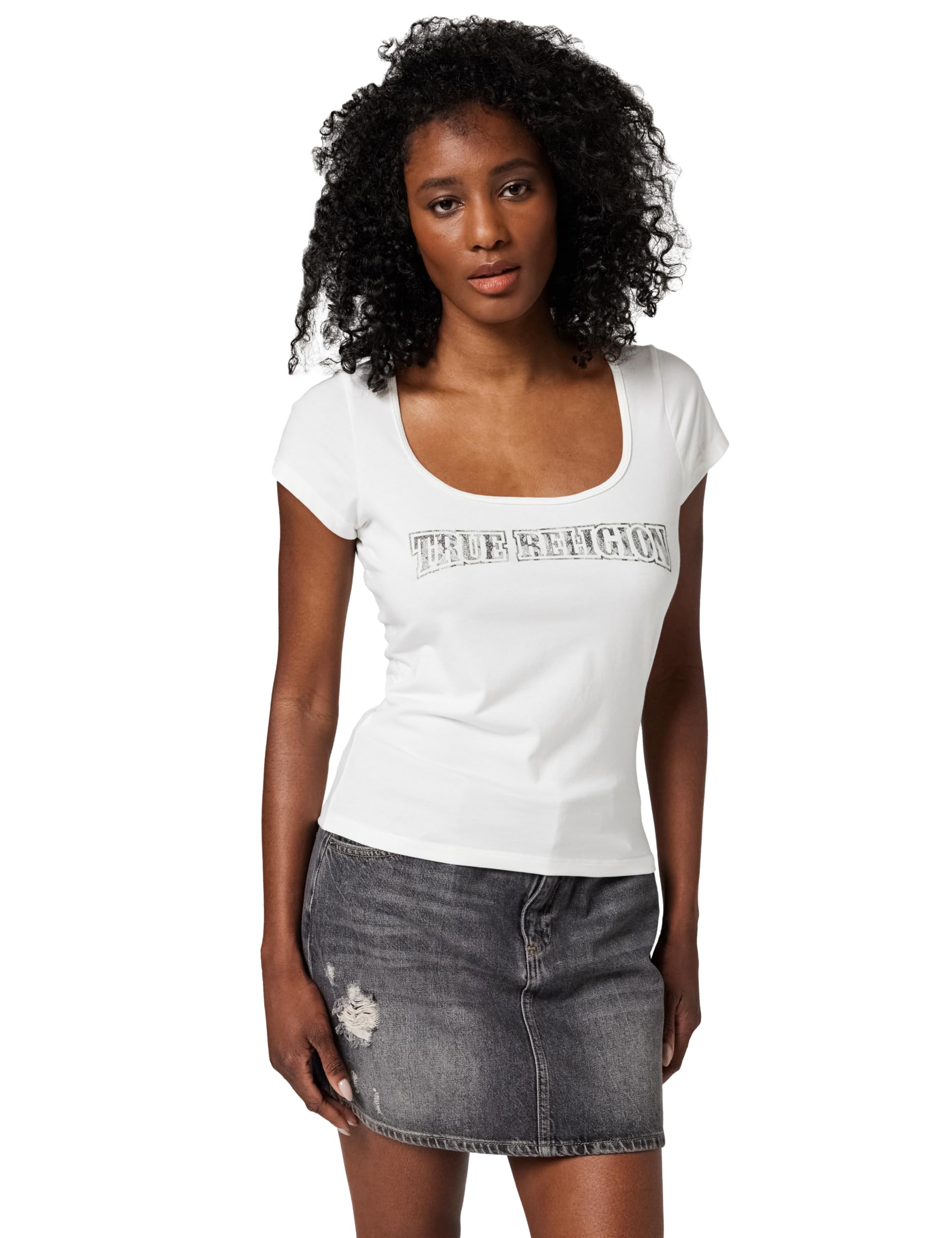 True Religion Women's Camo Square Neck Top, White, L
