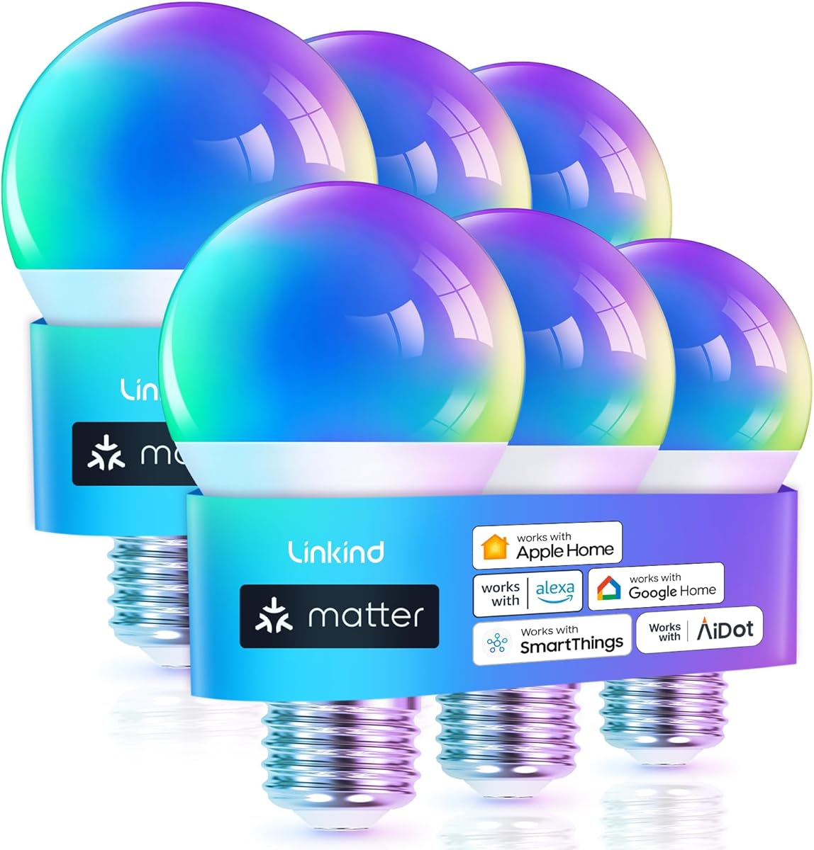 Linkind Matter Smart Light Bulb, WiFi Smart Bulbs, Work with Apple Home, Siri, Alexa, Google, SmartThings, RGBTW Color Changing Bulbs Mood Lighting, Music Sync, A19 E26 60W, 2.4Ghz WiFi 6 Pack - Amazon.com