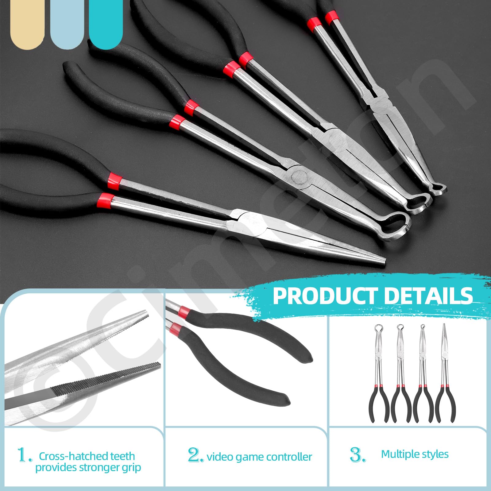 Cimeton 4Pcs 3 Sizes Hose Gripper Pliers Set(1/4", 1/2", 3/4" Dia) with 11" Long Needle Nose Pliers Long Reach Hose Grip Pliers Ring Nose Hose Gripper Pliers Long Reach Pliers for Narrow Spaces - Image 3