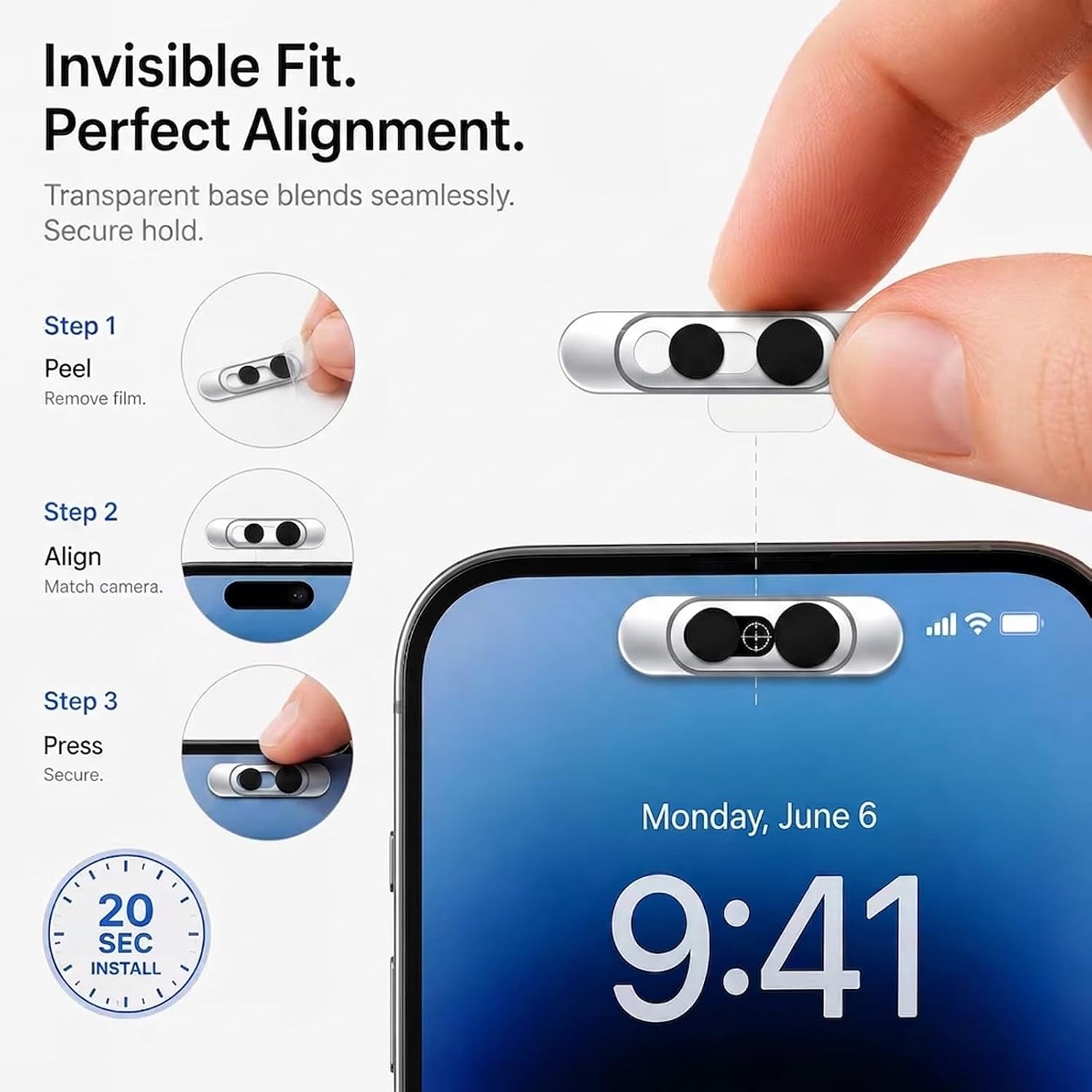 Front Camera Privacy Cover, Clear Transparent Adhesive Camera Lens Protector Compatible with iPhone 17/16/15/14 Pro/Pro Max, Support Normal Face ID Recognition, Smooth Slide Webcam Blocker, Black, 2 Pack