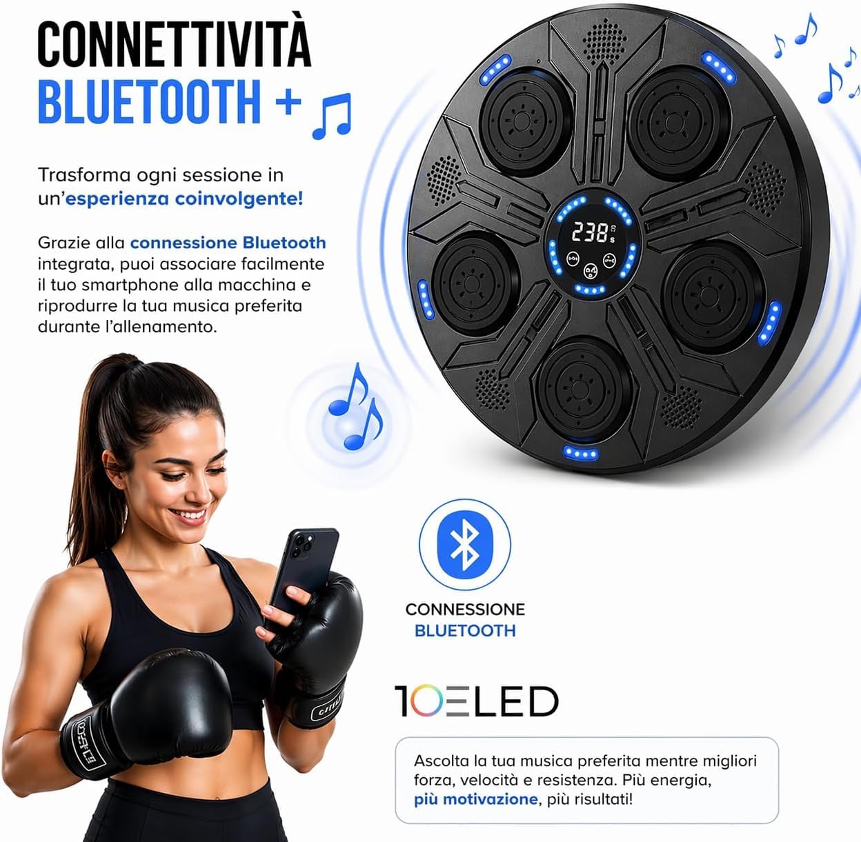 Music Boxing Machine Interattiva con LED a Parete e Bluetooth - 5 Pad Reattivi - Display Digitale - Guantoni INCLUSI - Beat Punch Allenamento Casa per Riflessi, Velocità e Coordinazione