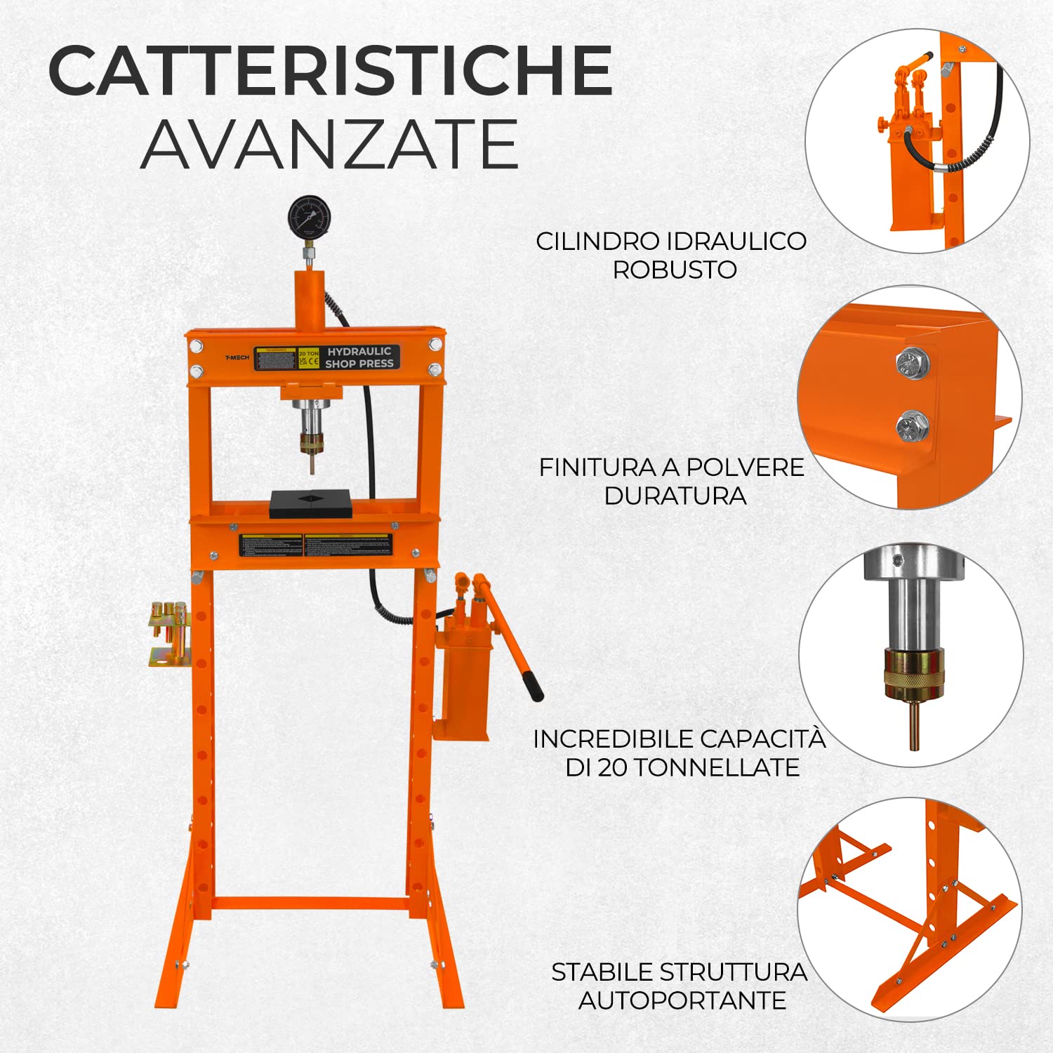 T-Mech Pressa idraulica da Officina 20 tonnellate da Pavimento in Acciaio Manometro Staccabile Pompa a Mano Regolabile 0-1015 mm Area di Lavoro Verticale Officina Garage 8 cilindri e 1 Adattatore