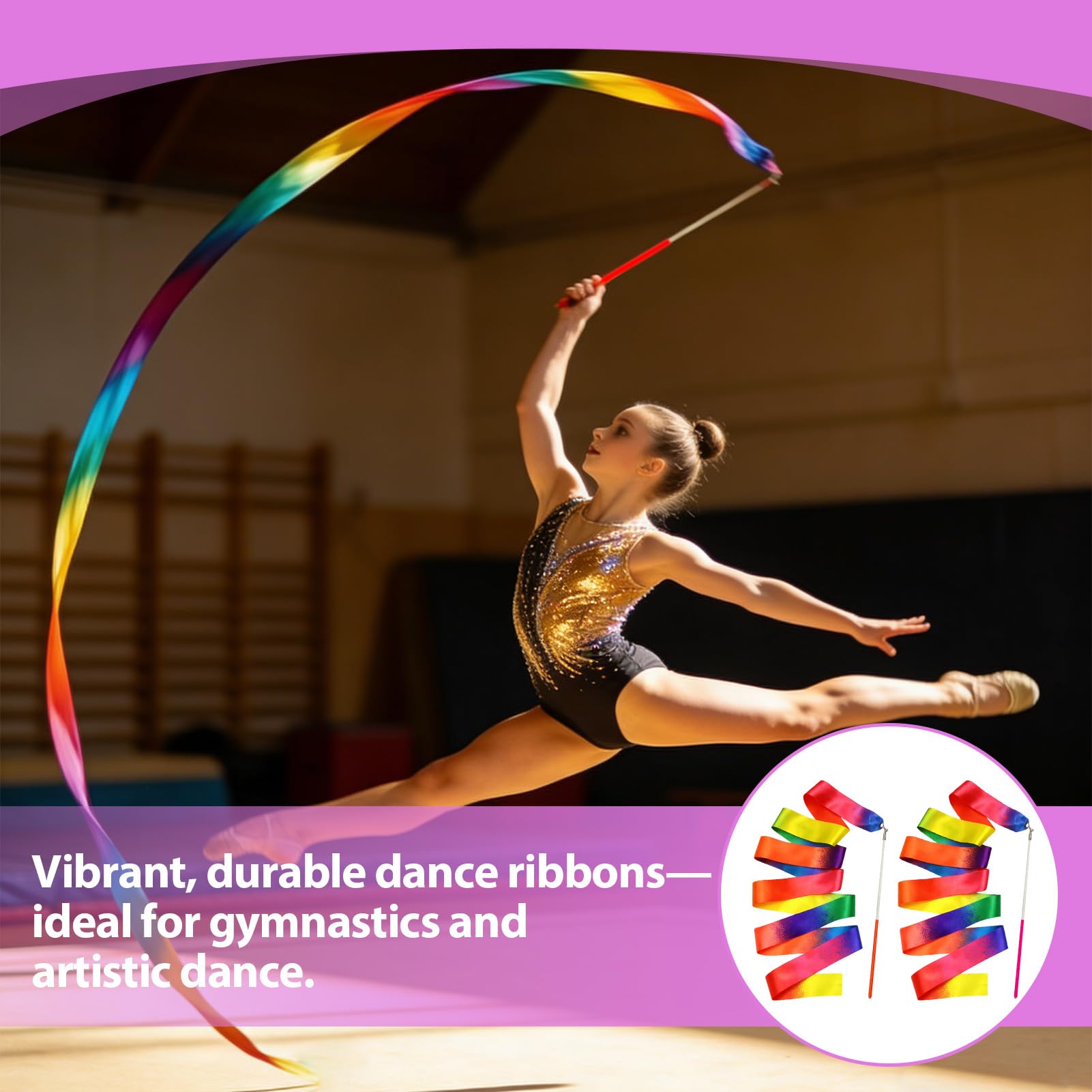 Ruban Gymnastique Rythmique 2M Nylon Durable avec Bâton 29cm, Set de 2 Pièces Multicolores