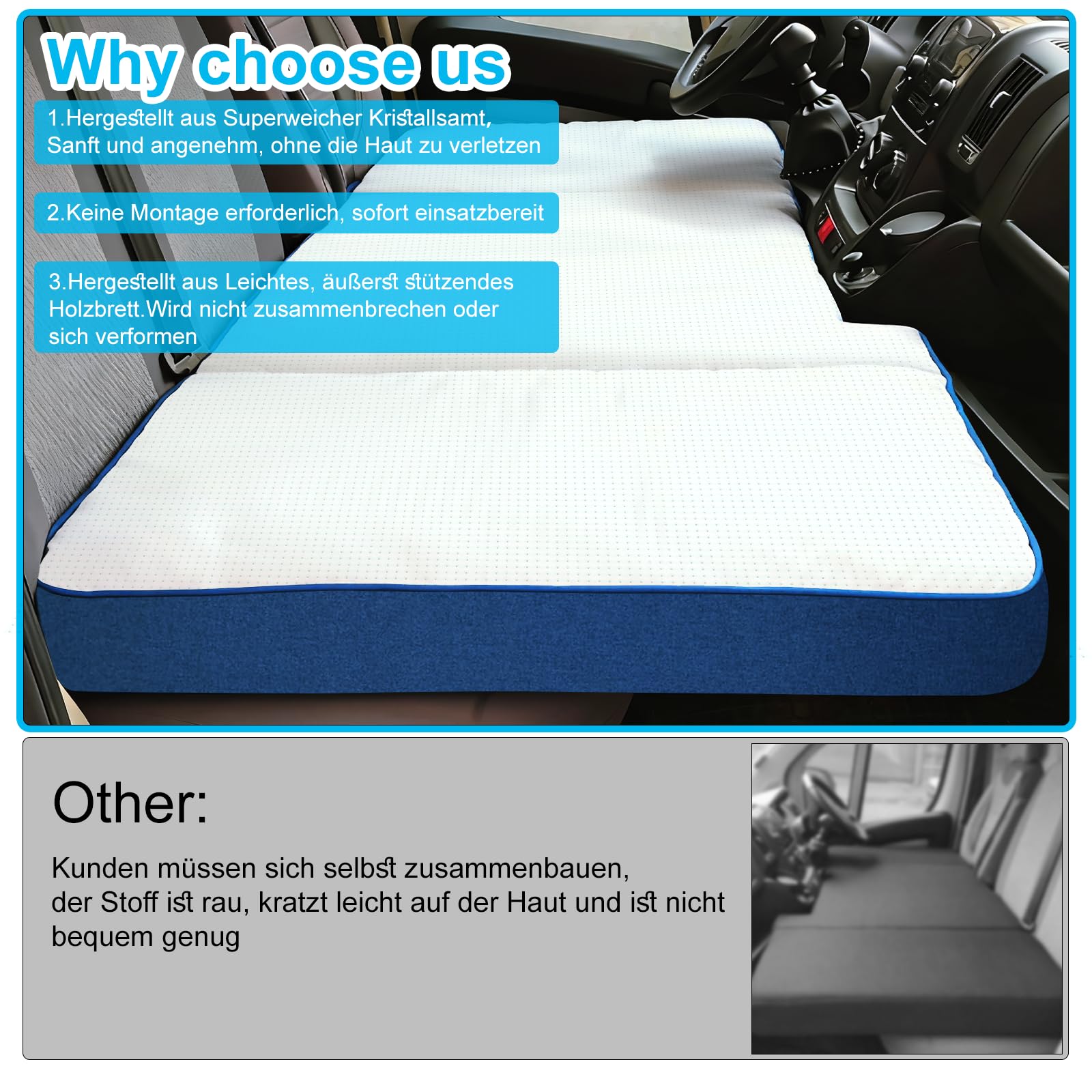 Matelas de véhicule Pliable épais et Respirant Compatible avec Fiat Ducato Citroën Jumper Peugeot Boxer Type 250 Camper(2002 – 2026) Matelas Pliant Portable Accessoires de Camping-Car