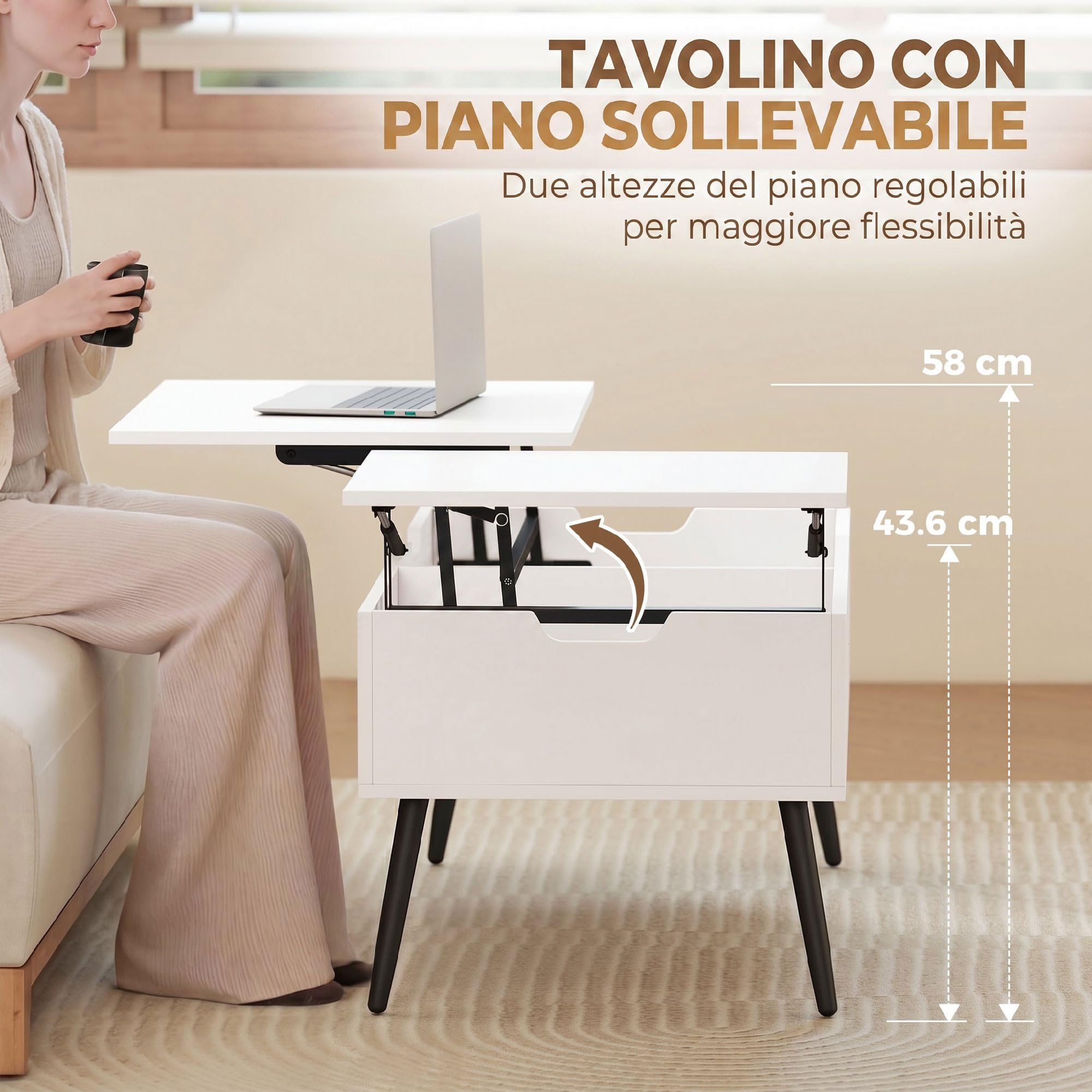 HOMCOM Tavolino da Caffè Sollevabile Salotto 100x50x43.6-58 cm Bianco | Doppio Piano, Vano Nascosto, Gambe in Metallo, Soggiorno Casa Ufficio