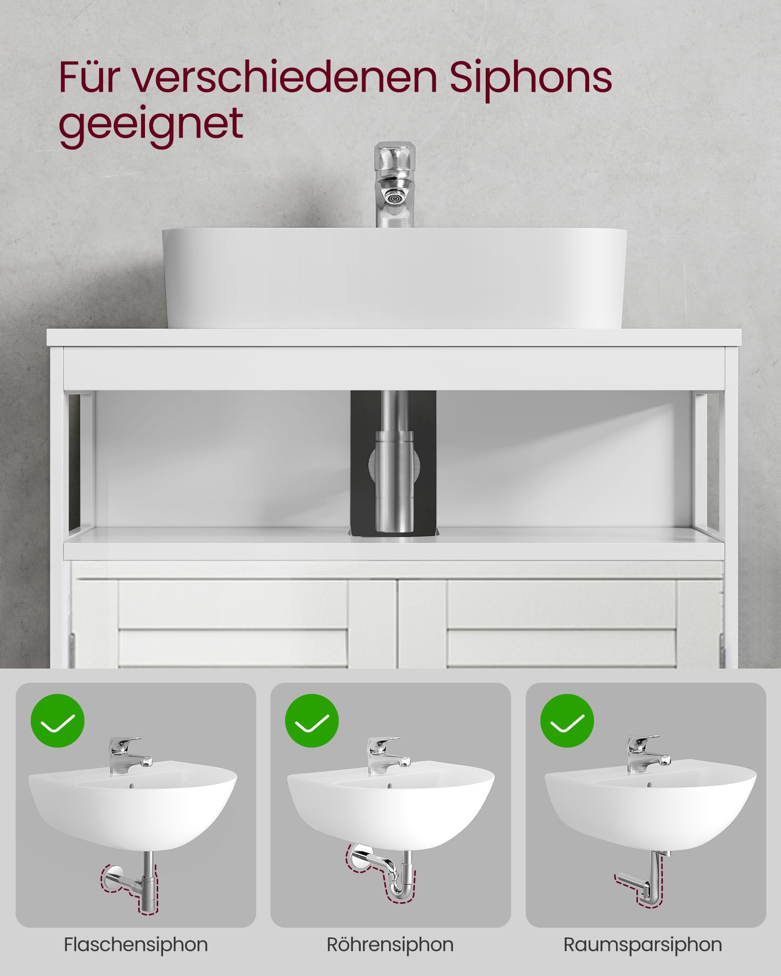 VASAGLE Waschbeckenunterschrank, Badezimmerschrank, Aufbewahrungsschrank, 30 x 60 x 60 cm, mit 2 Lamellentüren, offenes Fach, verstellbare Regalebene, mit Griffen, wolkenweiß BBC02WT