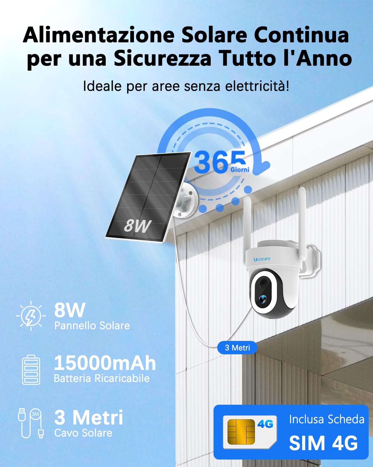 UCOCARE Telecamera 4G da Esterno con SIM, 4MP Telecamera Solare con SIM | Pannello Solare 8W, Batteria 15000mAh, 360° PTZ, Rilevamento Movimento AI, Visione Notturna a Colori con 14 Luci, IP67