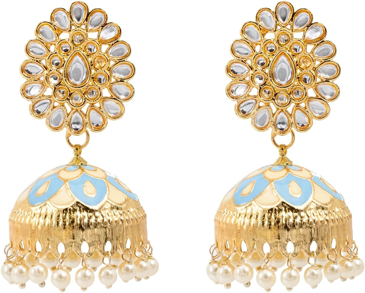Bodha Gold Plated Kundan CZ, Crystal Meenakari,Enamel Studded Jhumka Earring For Women-Gold, Blue (SJE_144_G_BL)