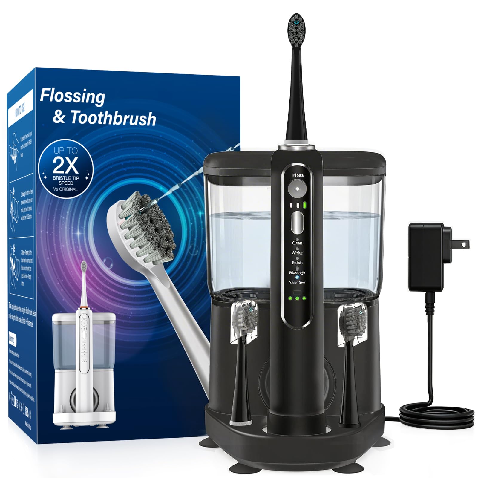 ZoCCee Spazzolino elettrico con idropulsore – Ricarica wireless 3 in 1 Spazzolino da denti filo interdentale – 500 ml professionale senza fili spazzola e filo interdentale in uno, 5 modalità di