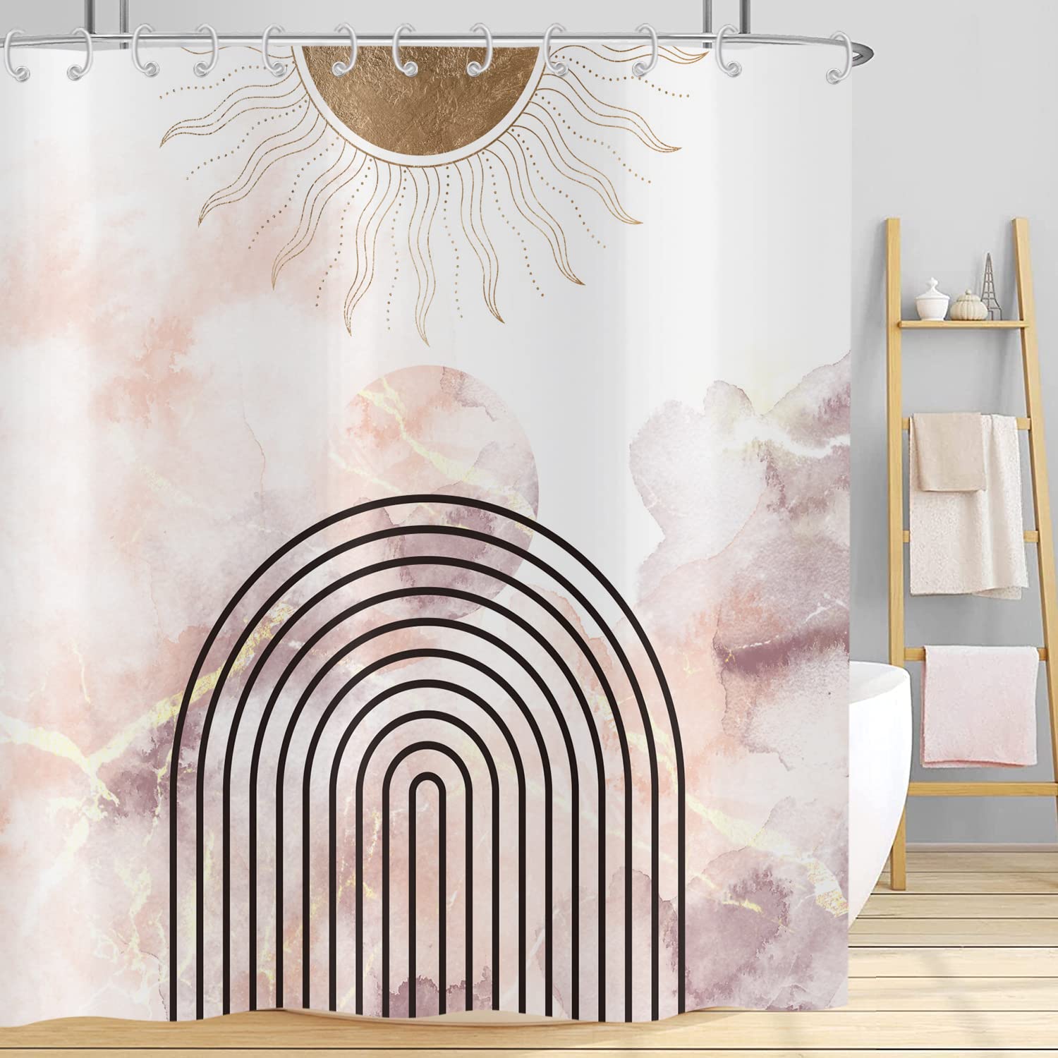 Boho Shower Curtain 120x180, Hnmdmyi Mid Century Abstract Sun Arch Pink Marble Bathroom Curtains Modern Minimalist Geometric Aesthetic Art Waterproof Polyester Fabric Washable Bath Curtains with Hooks — image 1