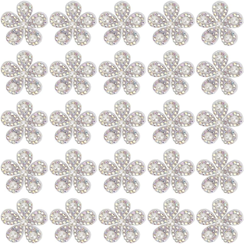 30Pcs Silver Flower Shaped Diamond Applique With Pearls Sparkle Rhinestone Floral Patches Sew On Glitter Crystal Beaded Appliques For Sewing Making Clothing Accessories Dress Decor Diy Craft