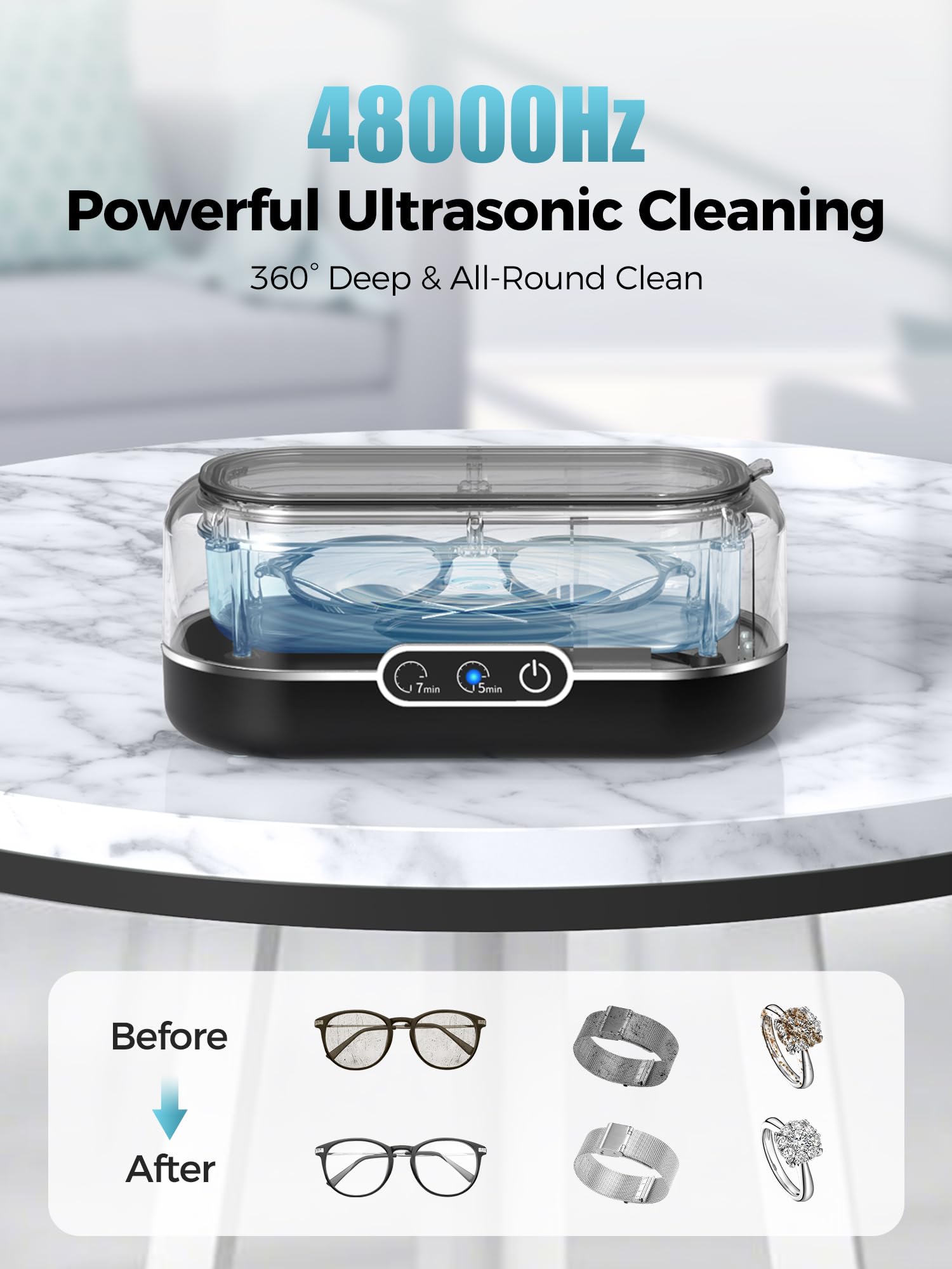Miorcols Limpiador ultrasónico de joyas, máquina de limpieza ultrasónica de 48 kHz para joyas, gafas, anillos, titulares, correa de reloj, dentaduras postizas, acero inoxidable 304, cápsula de