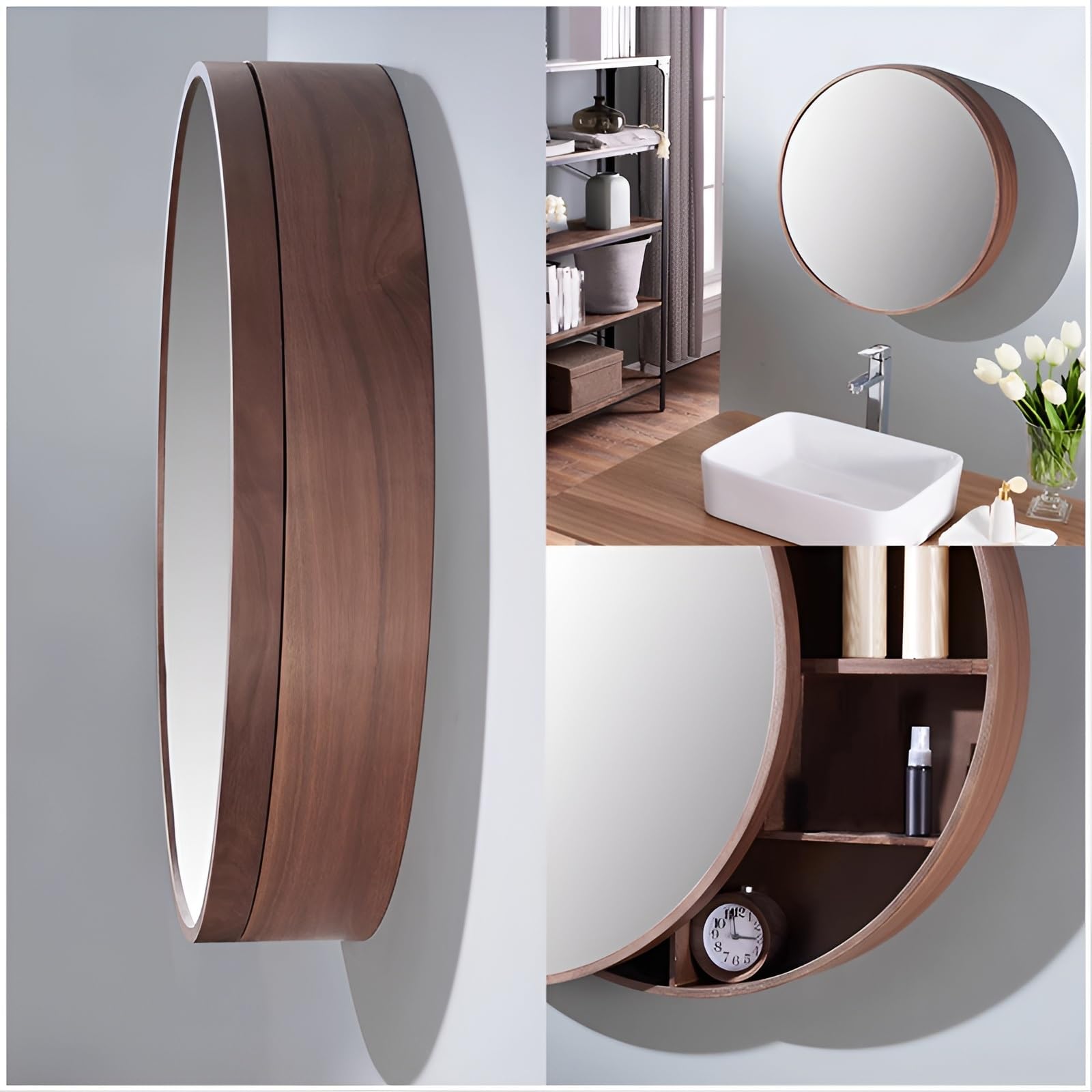 Armoire de salle de bain en noyer avec miroir rond – Meuble mural élégant pour salle de bain, entrée, salon, chambre à coucher, station de maquillage (50 cm)