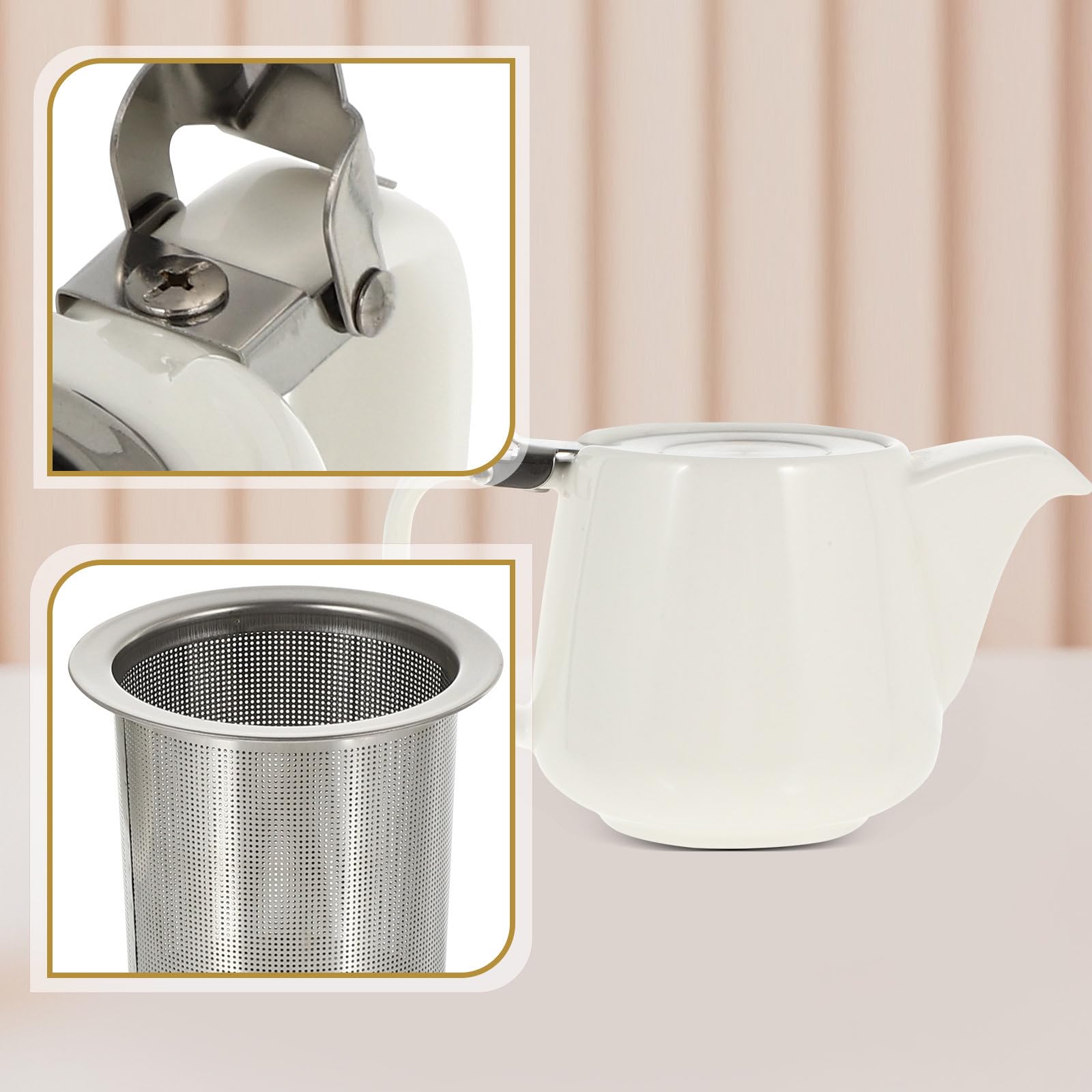 Zerodeko Théière en Céramique avec Filtre, Élégante et Résistante, Théière à Long Bec Blanc Crème 600 Ml