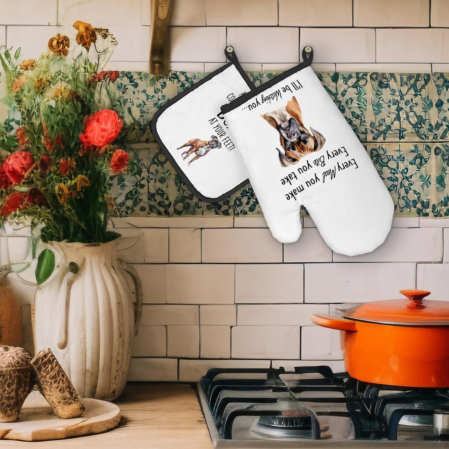 Boxer Dog Gifts Oven Mitts and Pot Holders Sets, Boxer Dog Decor Kitchen Accessories Sets, Complete Without a Boxer Dog Heat Resistant Oven Glove Potholders for Kitchen Baking Cooking image 4